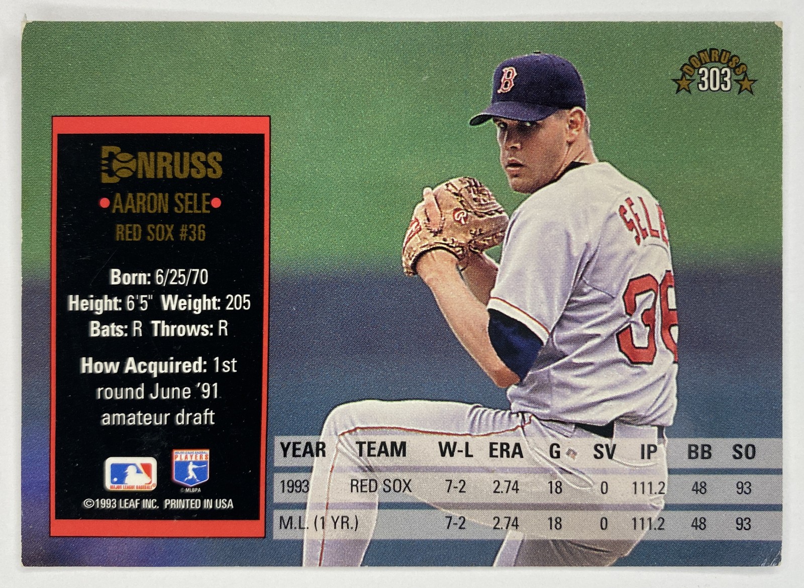 1994 Donruss Aaron Sele #303 Boston Red Sox back