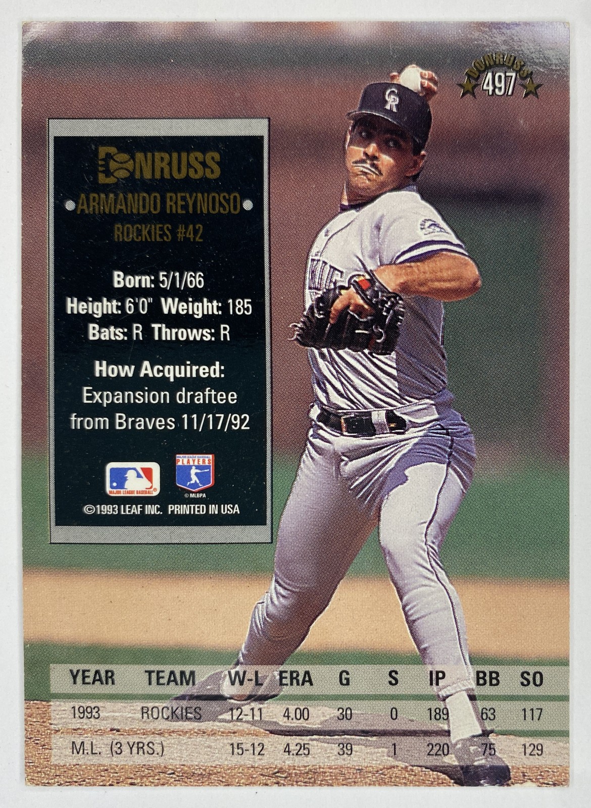 1994 Donruss Armando Reynoso #497 Colorado Rockies back