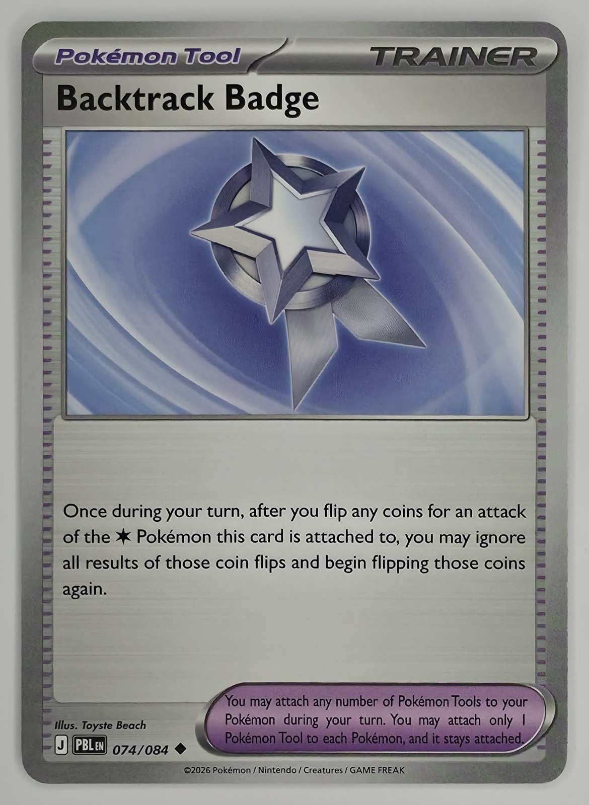 2026 Pokemon Pitch Black Backtrack Badge #074/084 Uncommon Trainer front