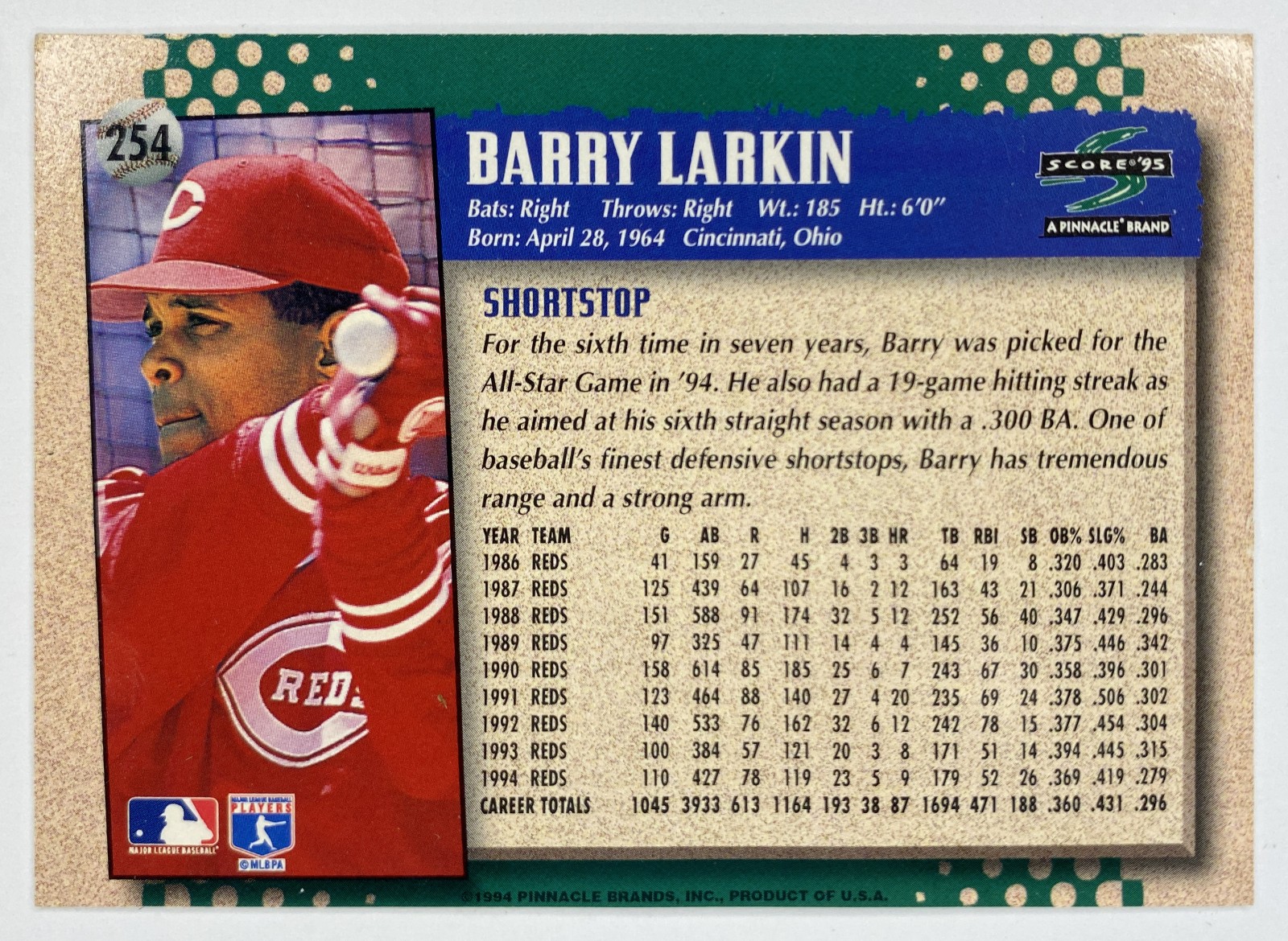 1995 Score Barry Larkin #254 Cincinnati Reds Hall of Famer back