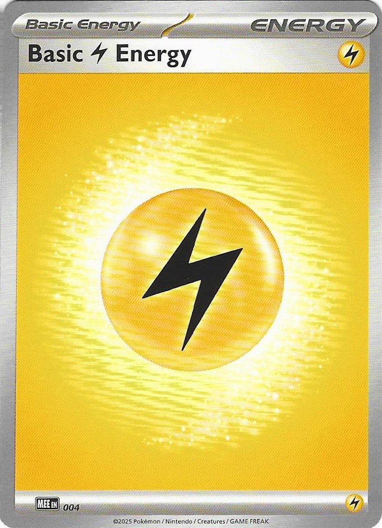 2025 Pokemon Mega Evolution Energies Basic Lightning Energy #004 Common front, flatbed scan (shows surface detail)