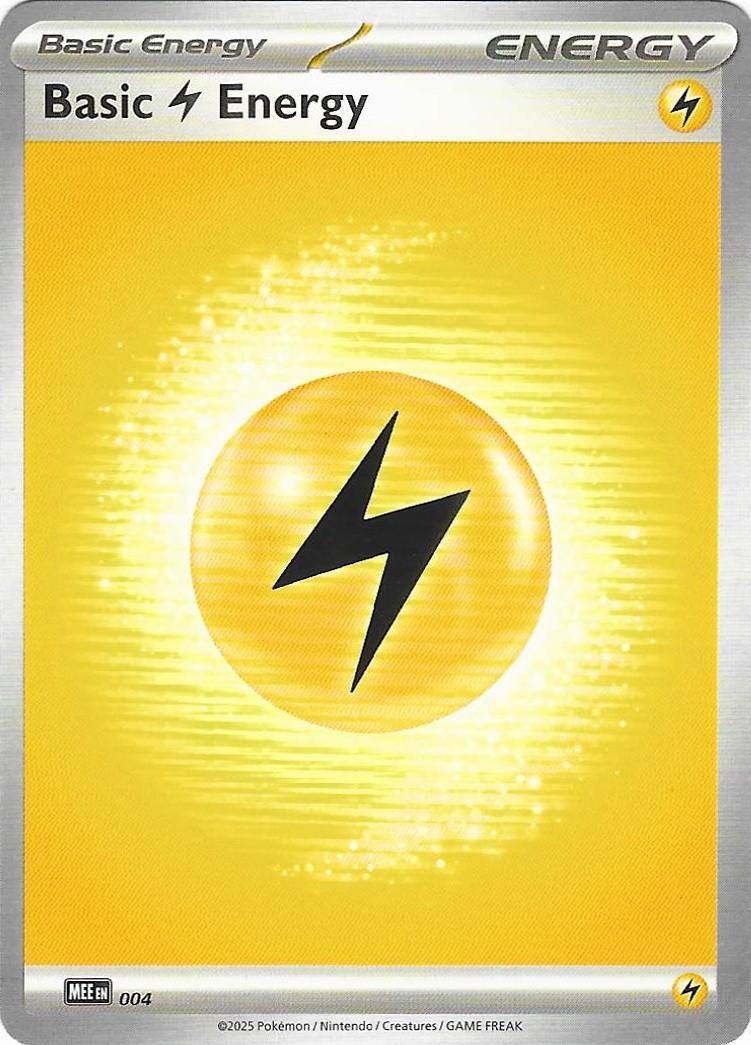 2025 Pokemon Mega Evolution Energies Basic Lightning Energy #004 Common front, flatbed scan (shows surface detail)