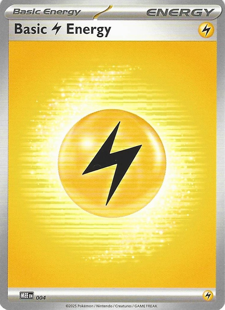 2025 Pokemon Mega Evolution Energies Basic Lightning Energy #004 Common front, flatbed scan (shows surface detail)