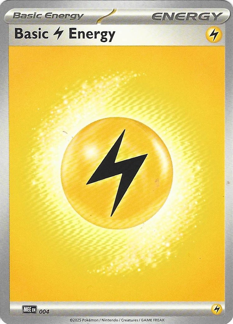2025 Pokemon Mega Evolution Energies Basic Lightning Energy #004 Common front, flatbed scan (shows surface detail)