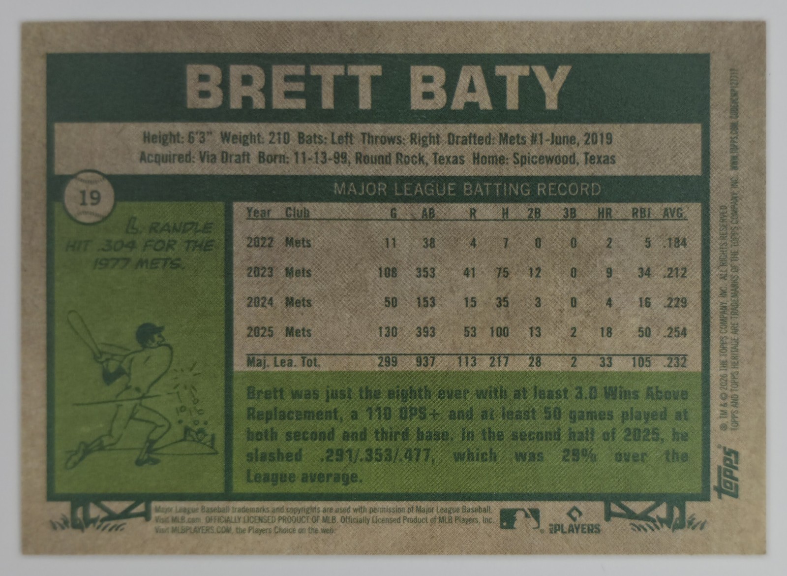 2026 Topps Heritage Brett Baty #19 New York Mets back