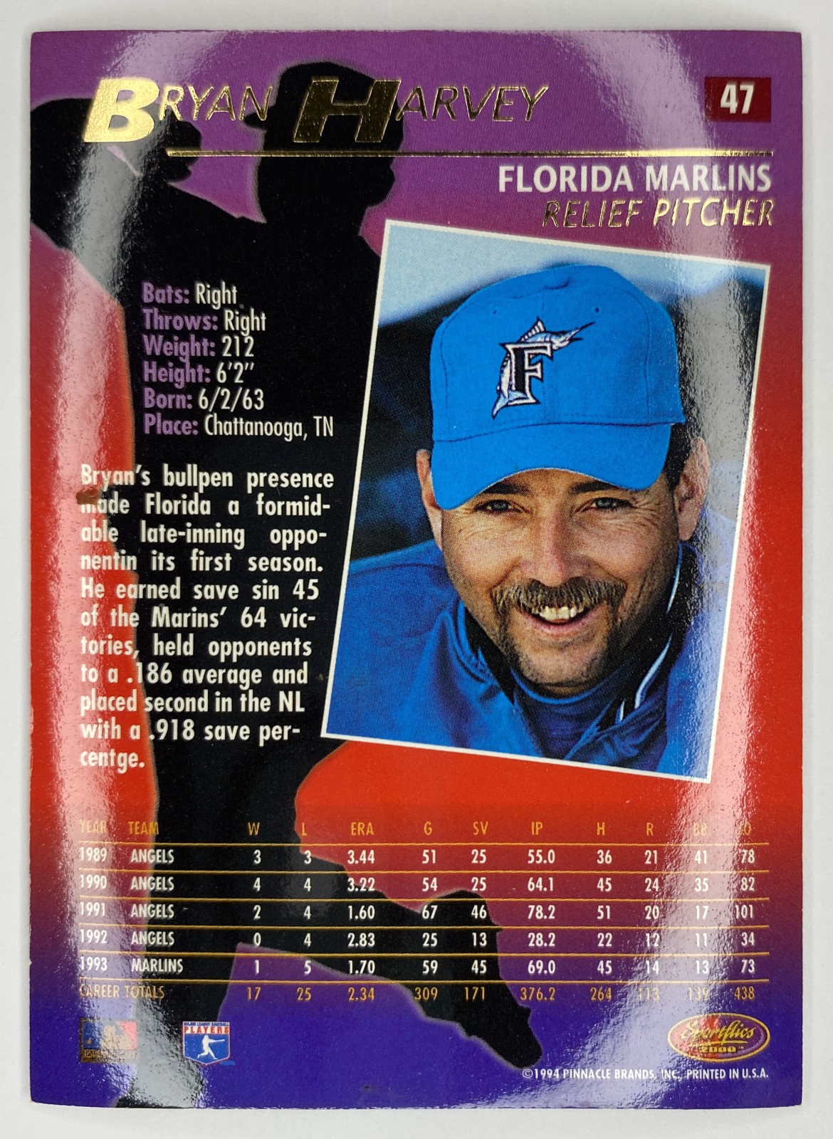 1994 Sportflics 2000 Bryan Harvey #47 Florida Marlins back