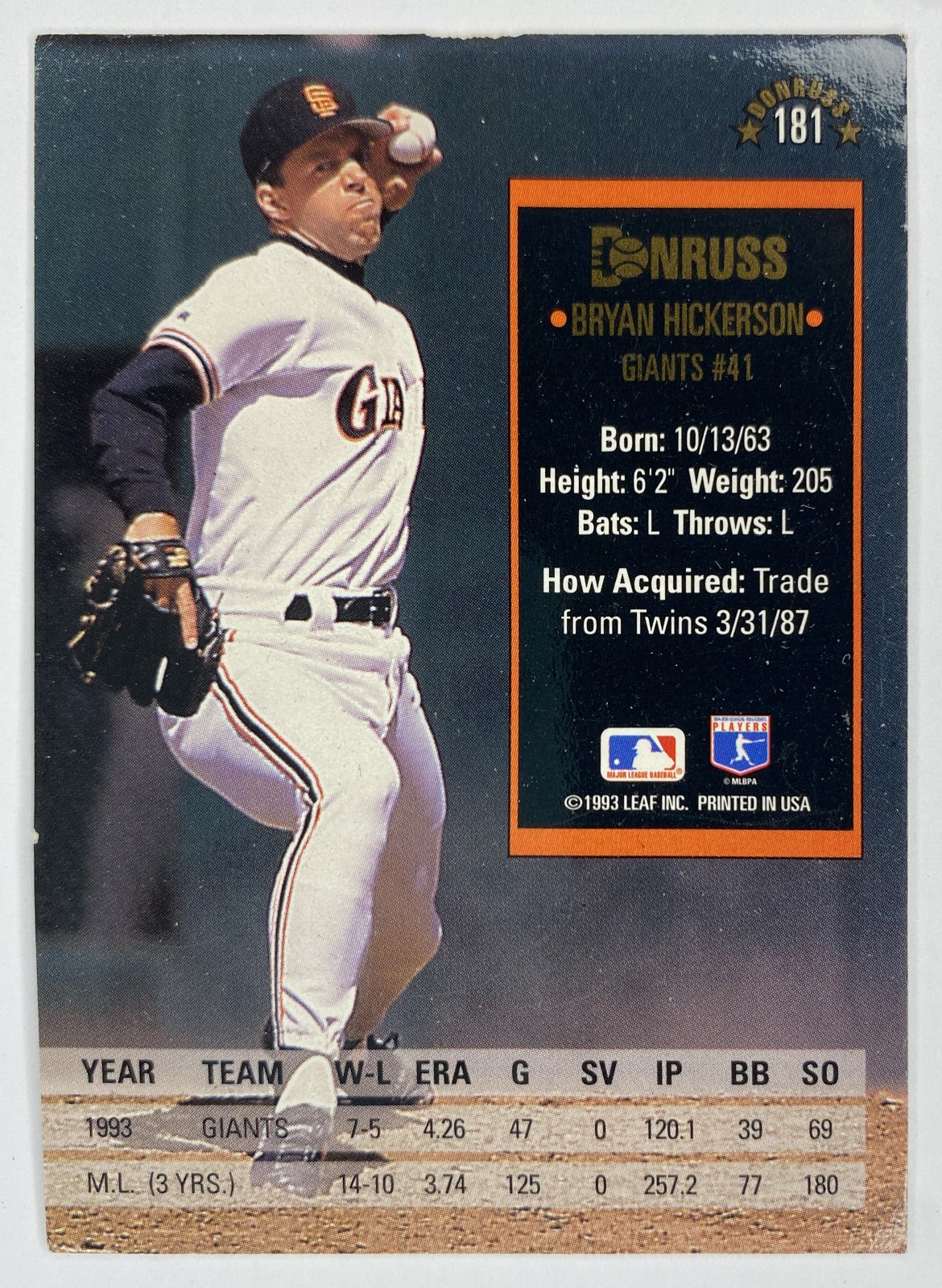 1994 Donruss Bryan Hickerson #181 San Francisco Giants back