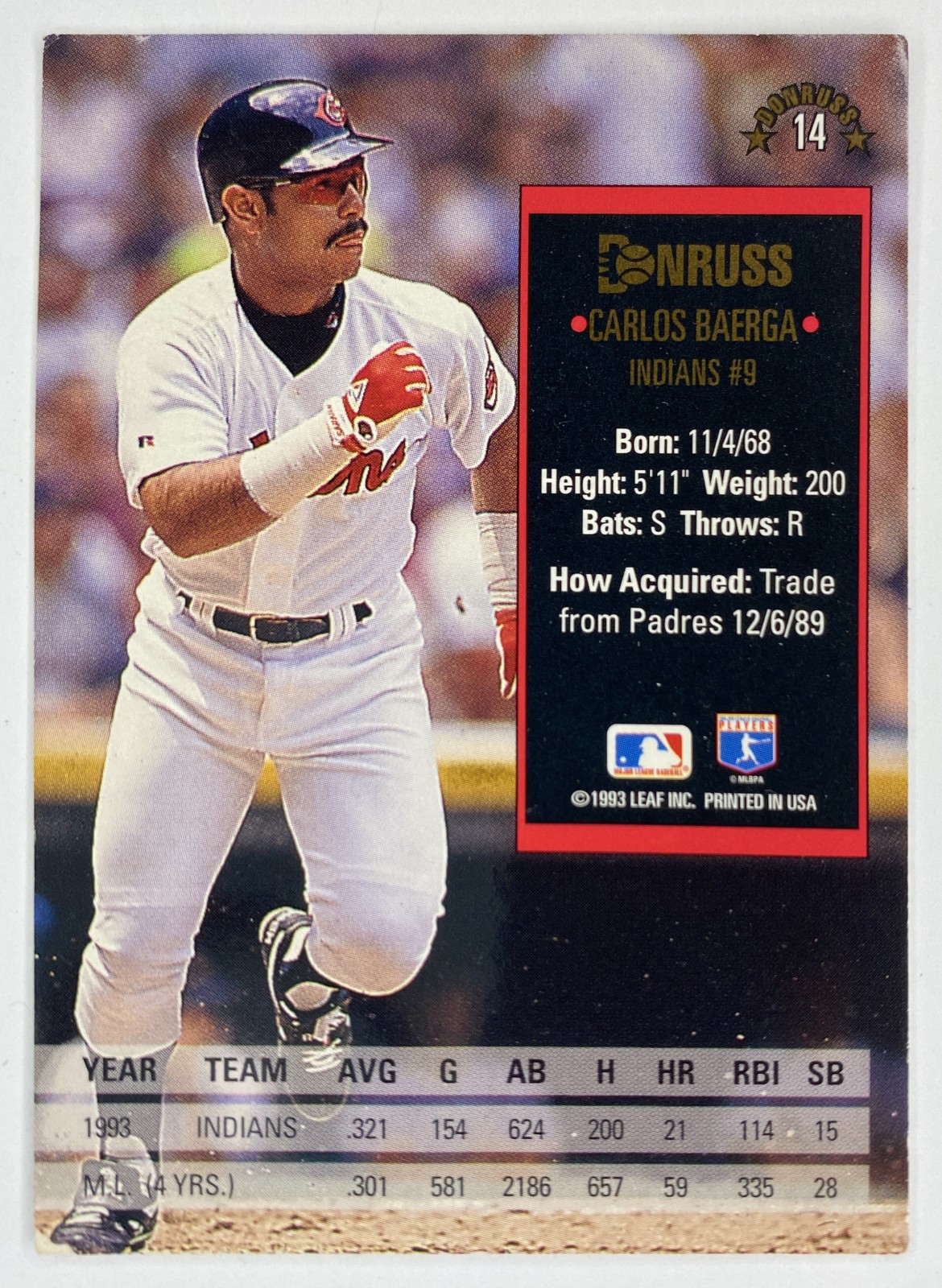 1994 Donruss Carlos Baerga #14 Cleveland Indians back