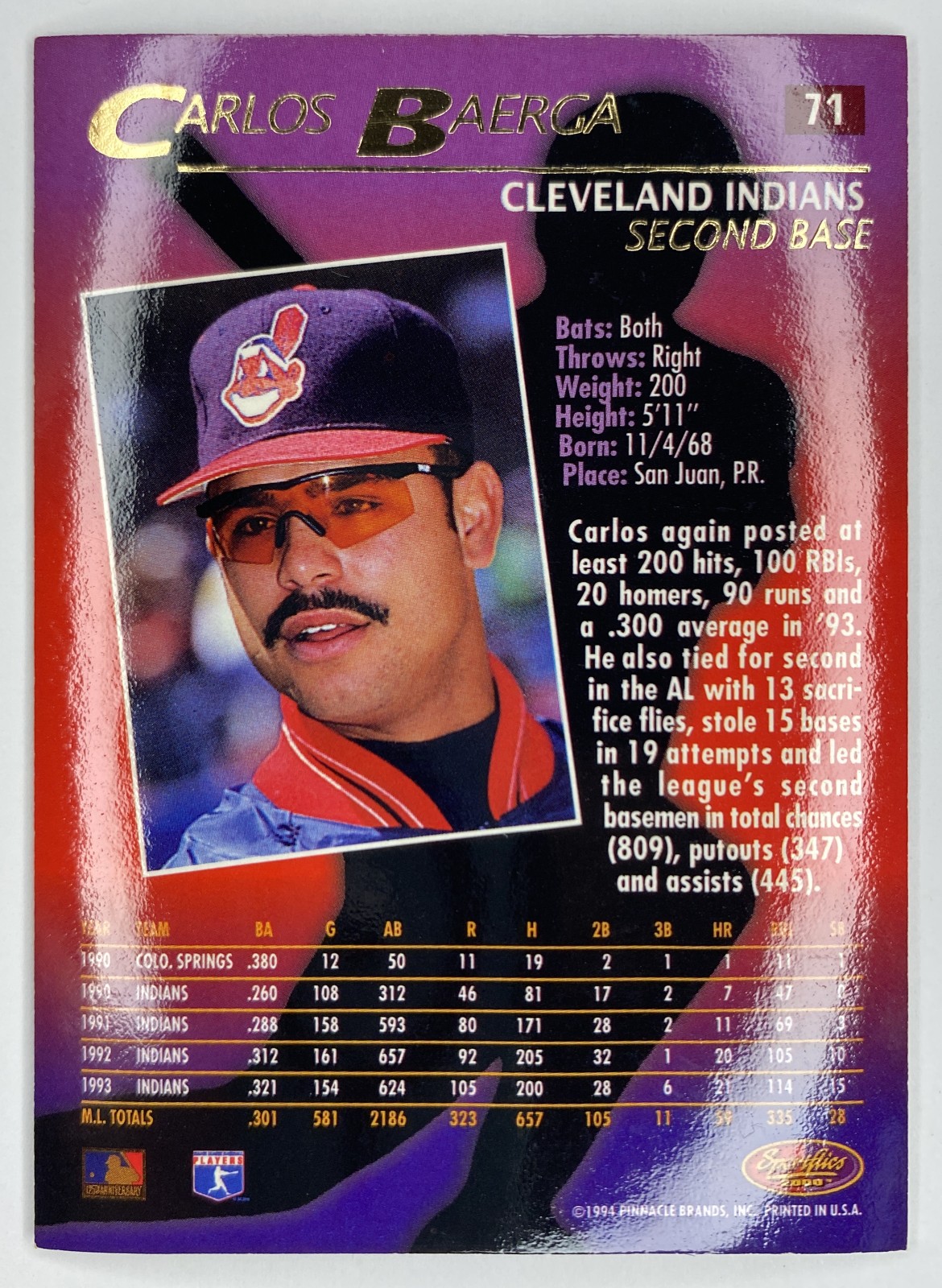 1994 Sportflics 2000 Carlos Baerga #71 Cleveland Indians back