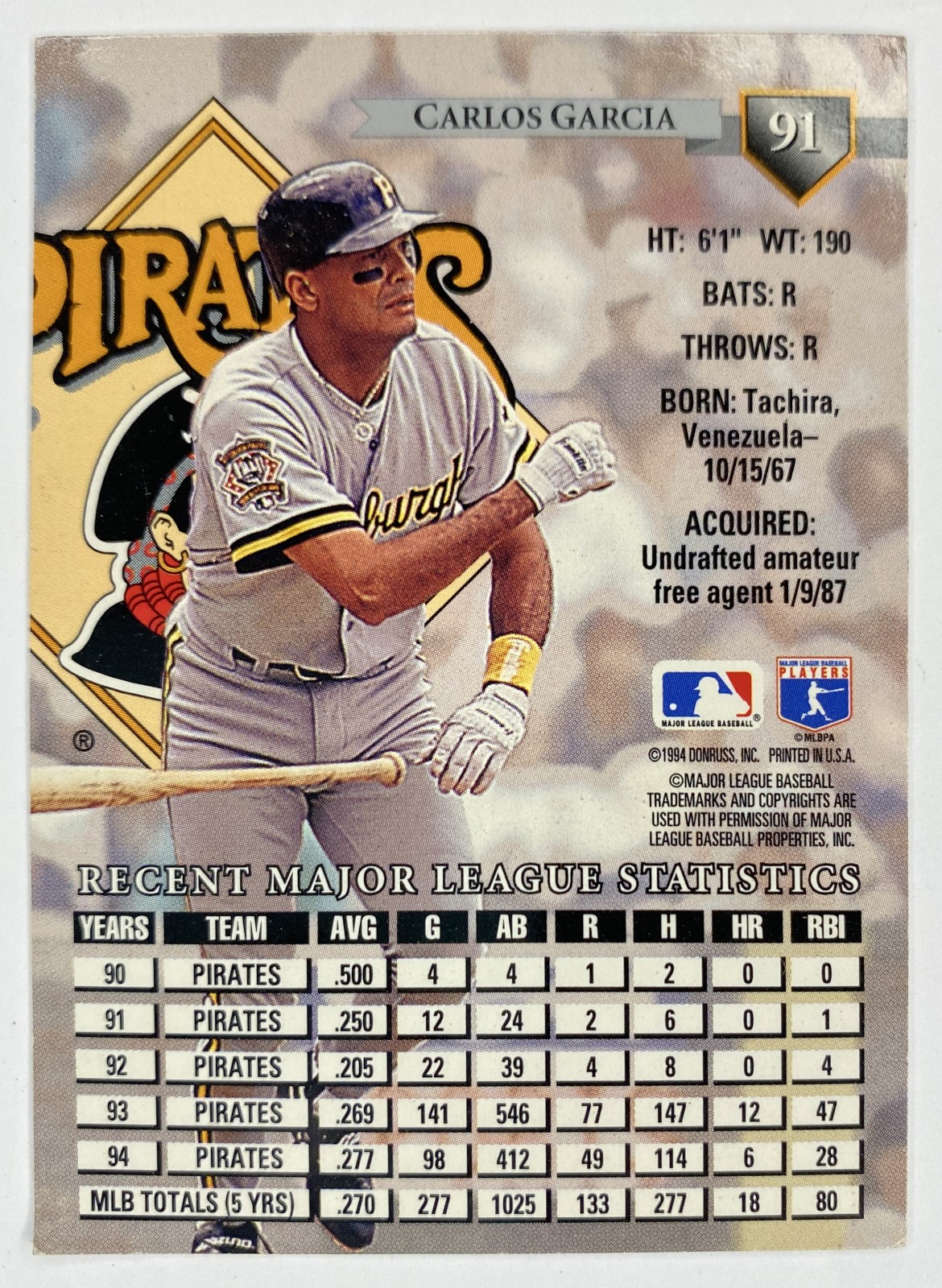 1995 Donruss Carlos Garcia #91 Pittsburgh Pirates back