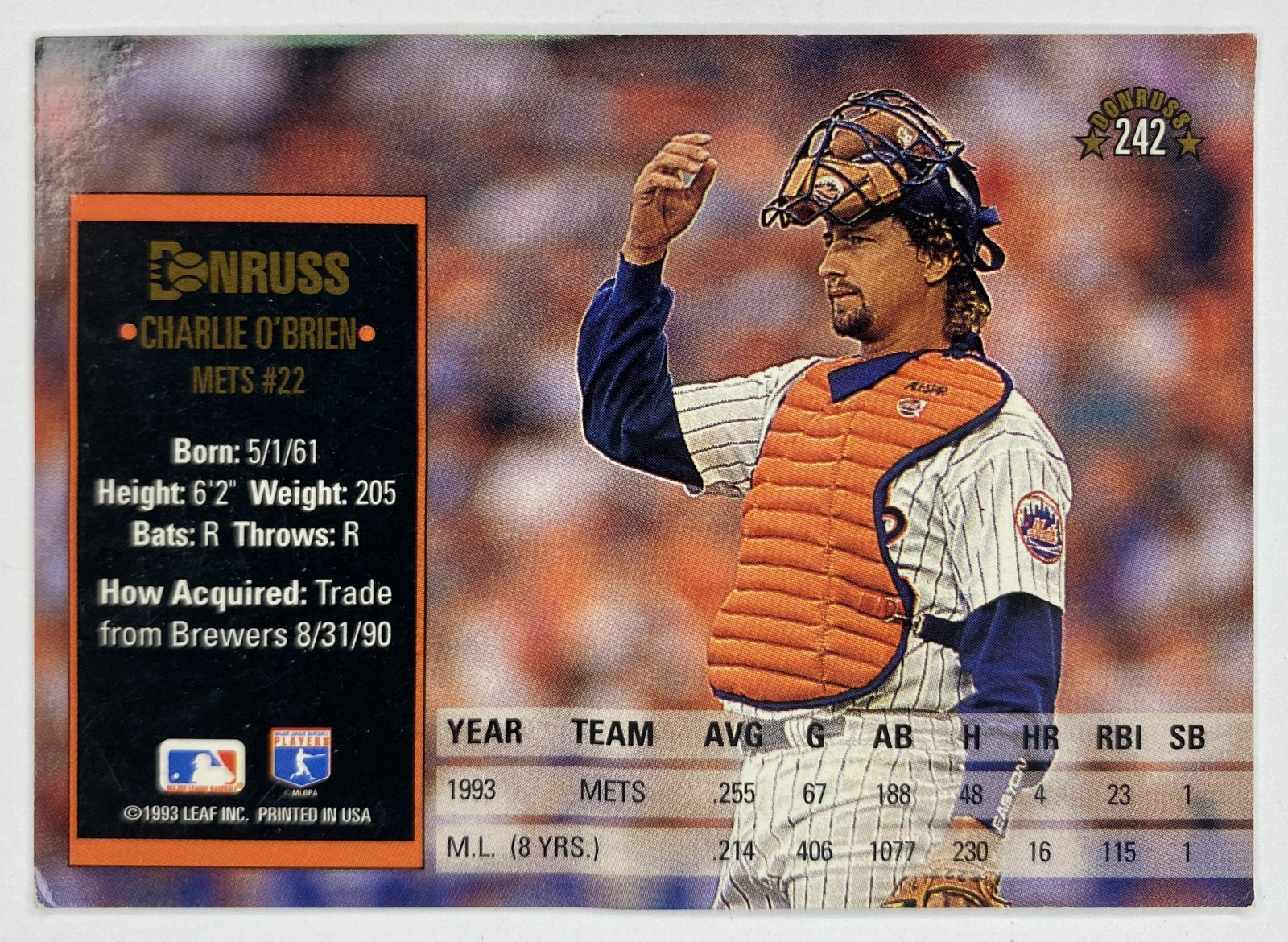 1994 Donruss Charlie O'Brien #242 New York Mets back