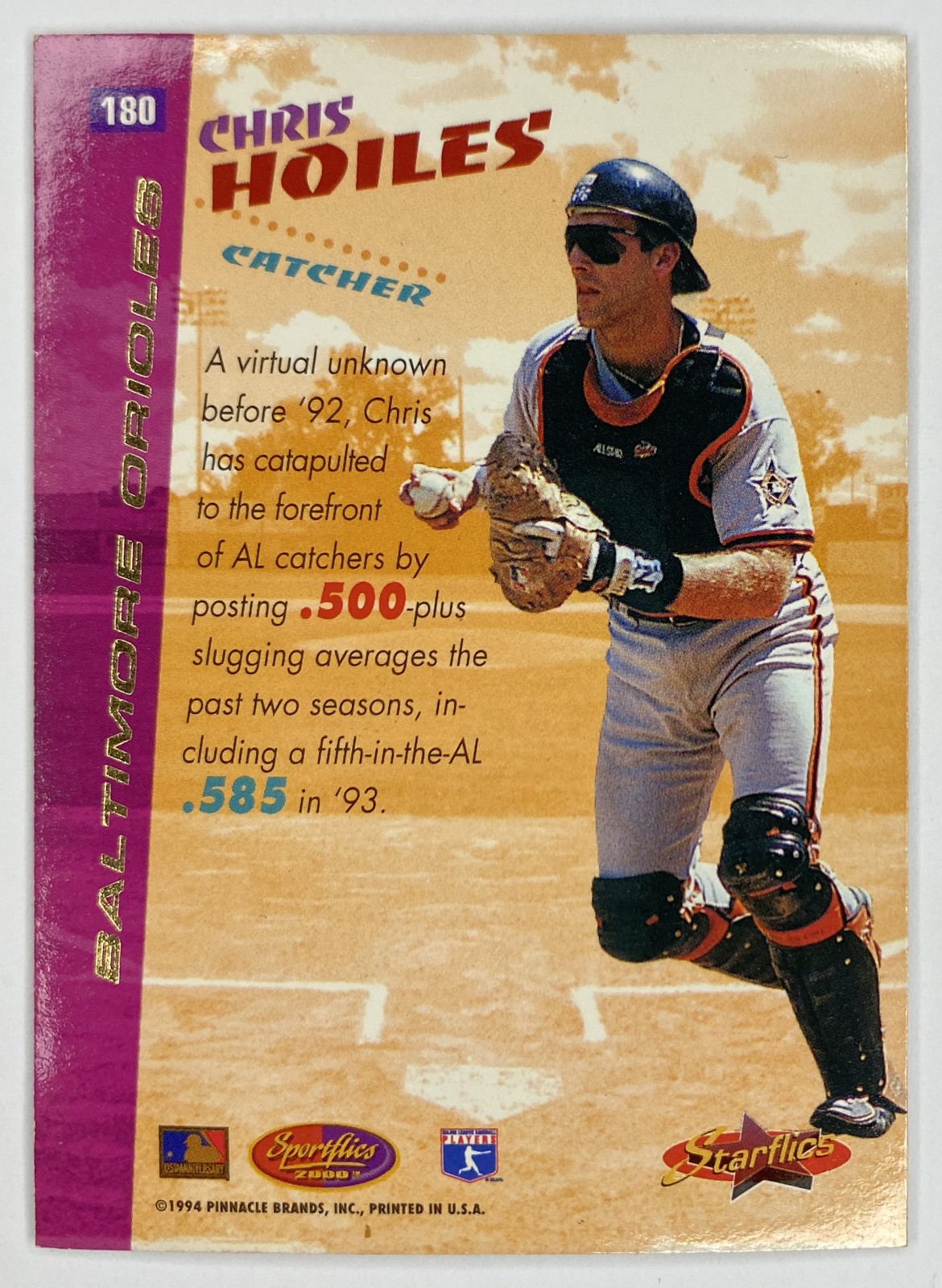 1994 Sportflics 2000 Chris Hoiles #180 Baltimore Orioles Starflics back
