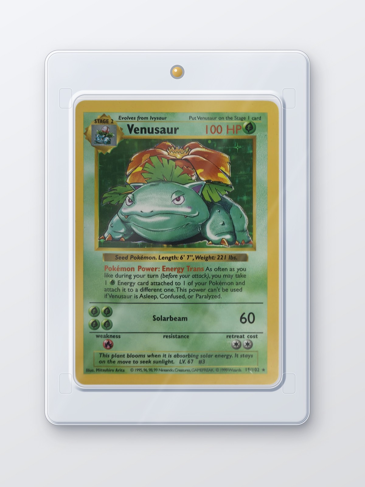 A vintage holo card in the collector case, straight on