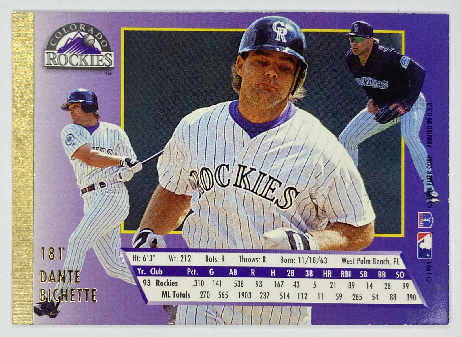 1994 Fleer Ultra Dante Bichette #181 Colorado Rockies back