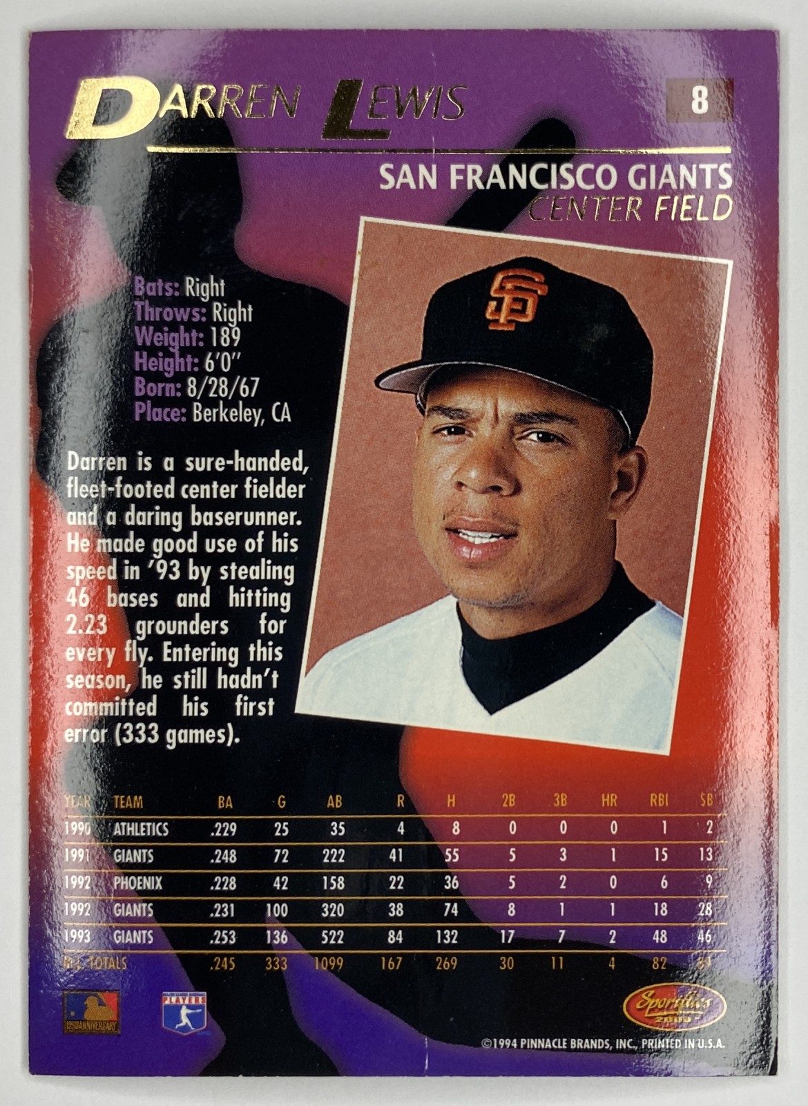 1994 Sportflics 2000 Darren Lewis #8 San Francisco Giants back