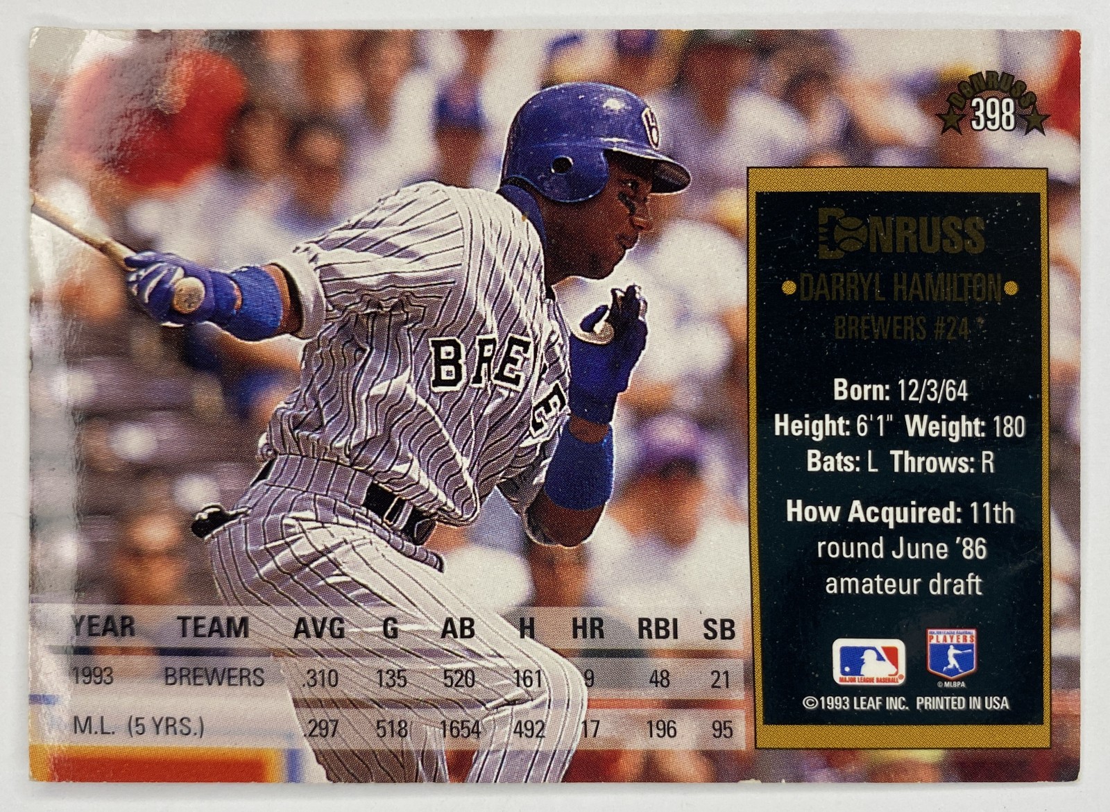 1994 Donruss Darryl Hamilton #398 Milwaukee Brewers back