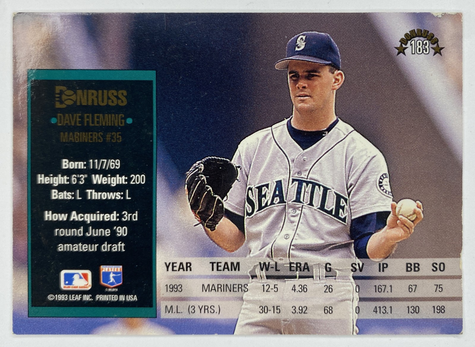 1994 Donruss Dave Fleming #183 Seattle Mariners back