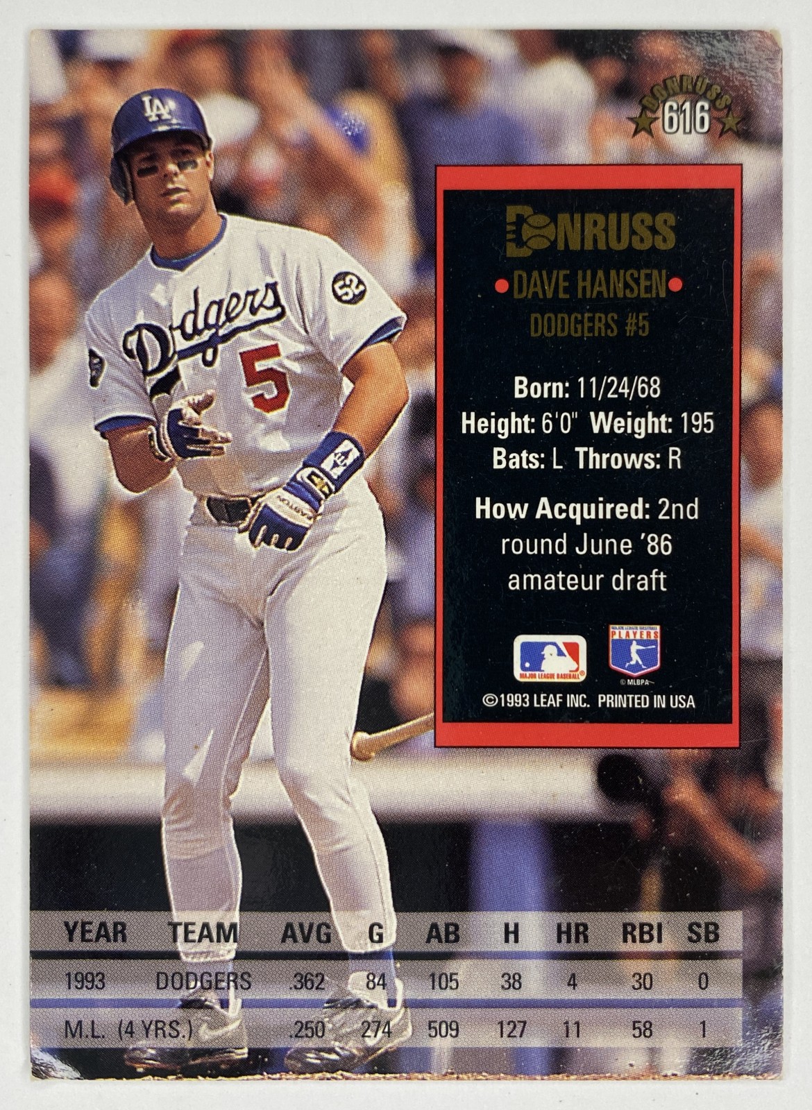 1994 Donruss Dave Hansen #616 Los Angeles Dodgers back