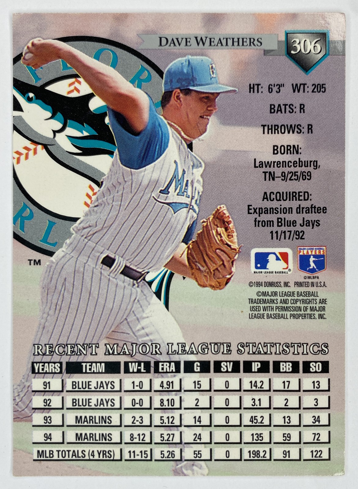1995 Donruss Dave Weathers #306 Florida Marlins back