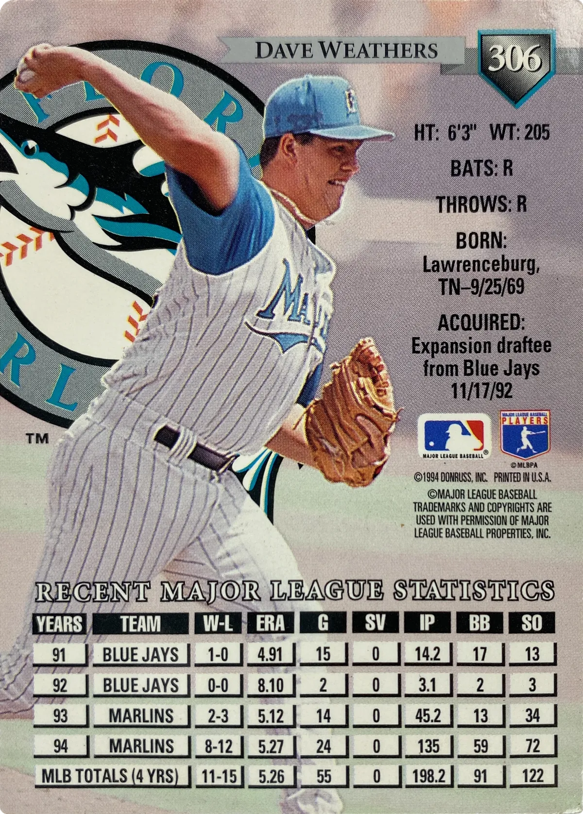 Dave Weathers #306, back