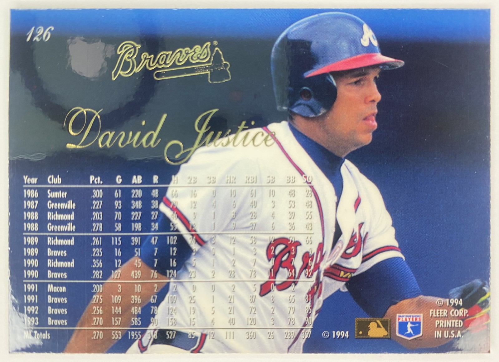 1994 Flair David Justice #126 Atlanta Braves back