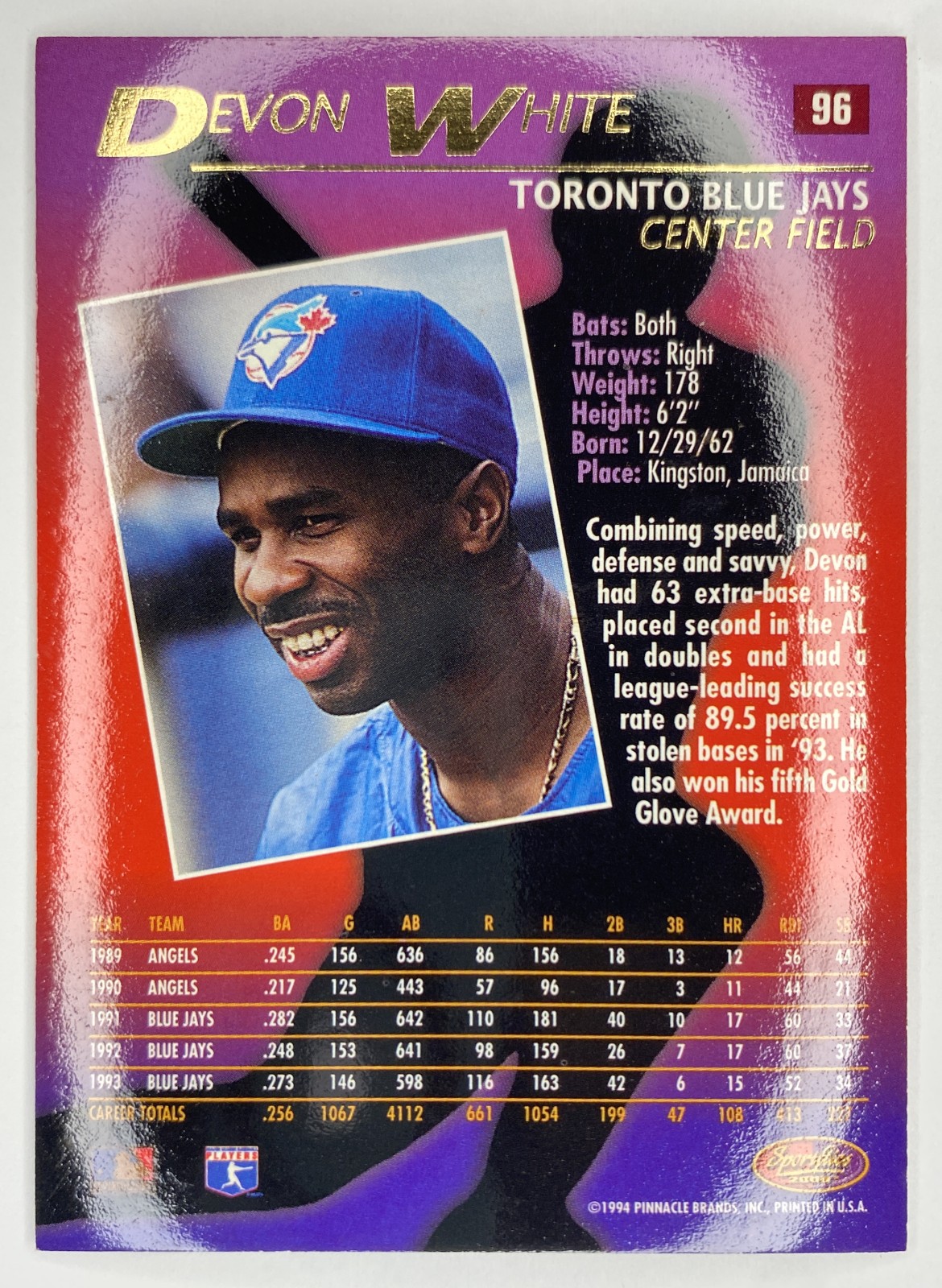 1994 Sportflics 2000 Devon White #96 Toronto Blue Jays back