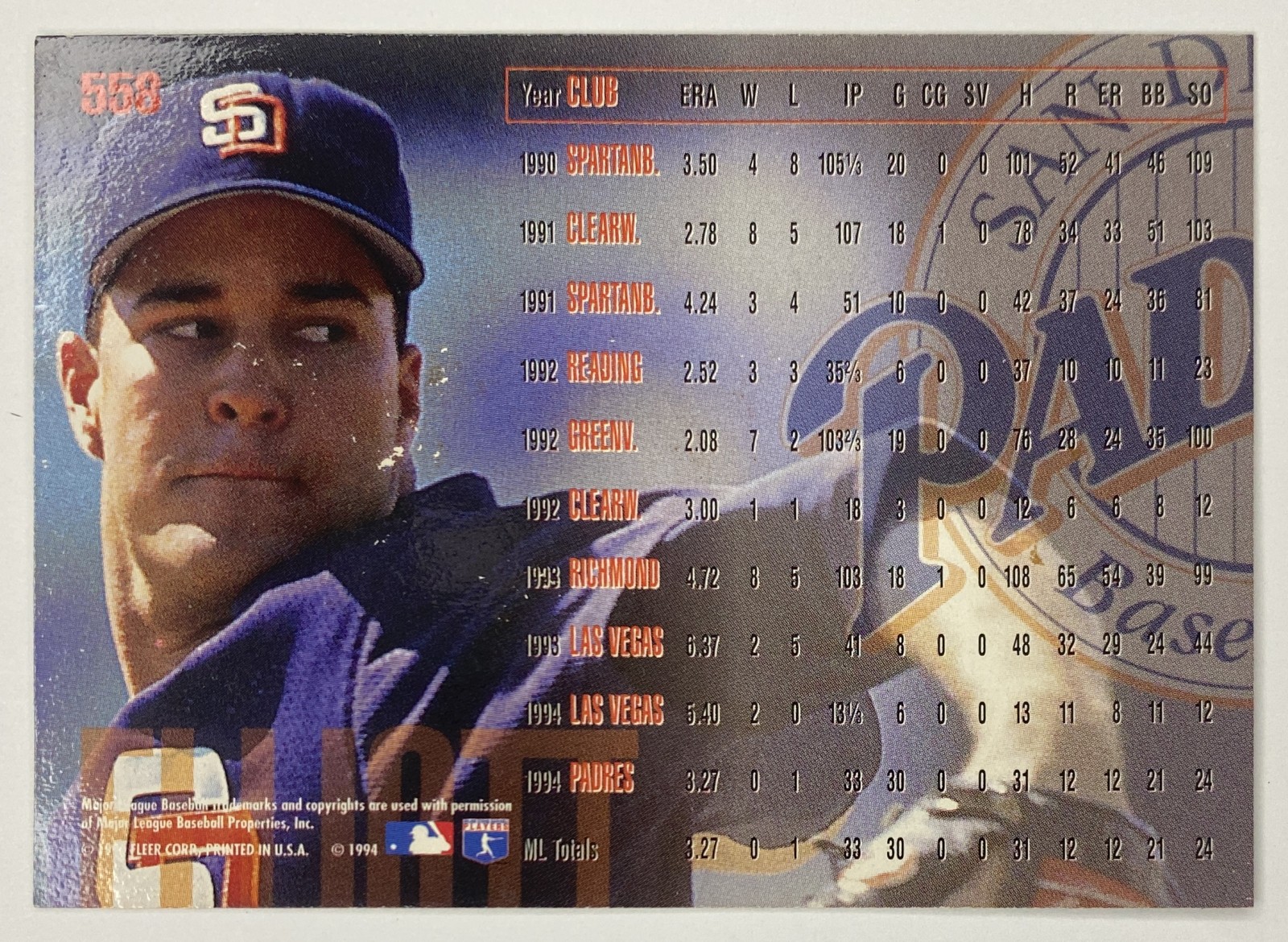 1995 Fleer Donnie Elliott #558 San Diego Padres back