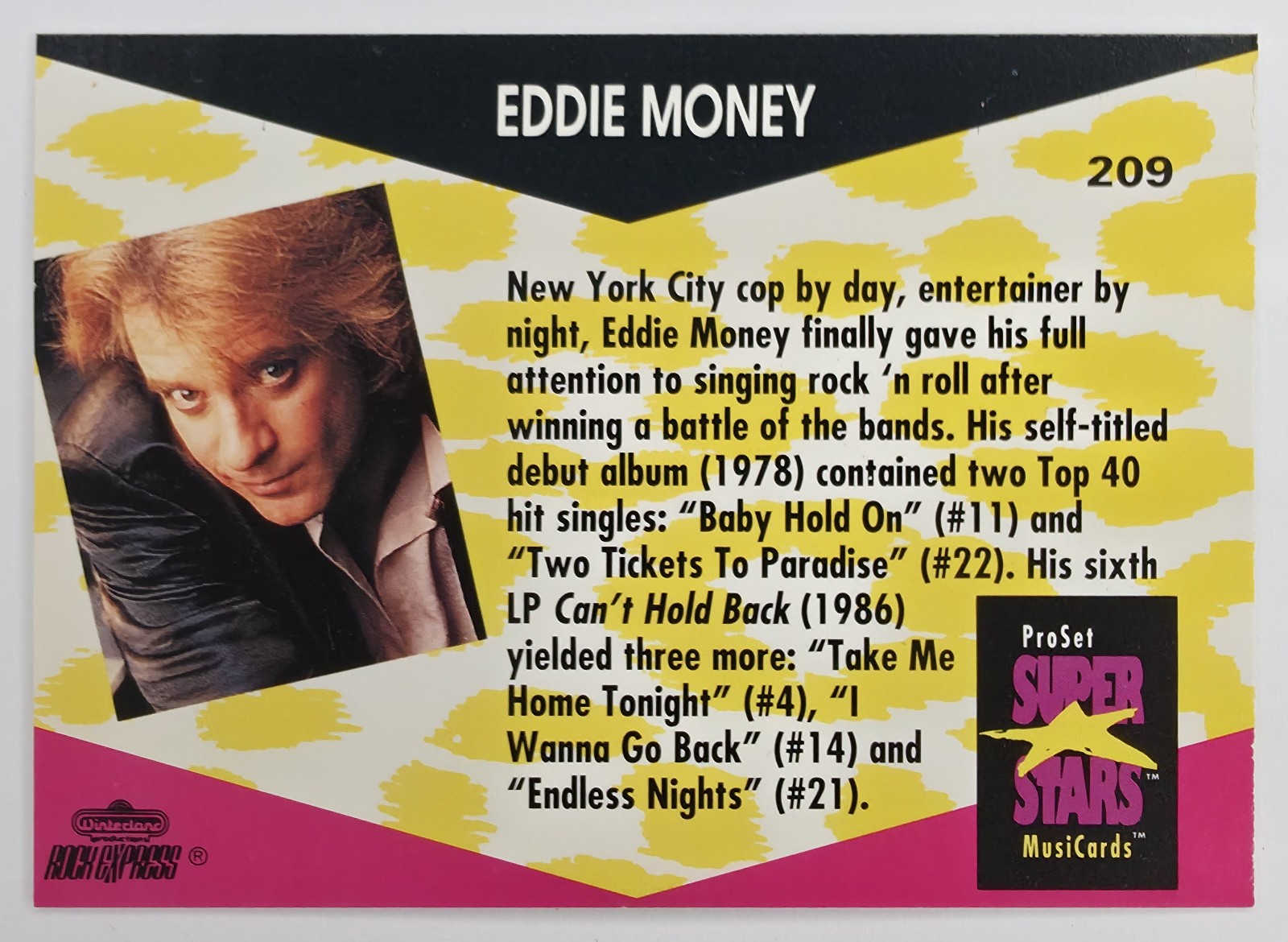1991 Pro Set SuperStars MusiCards Eddie Money #209 back