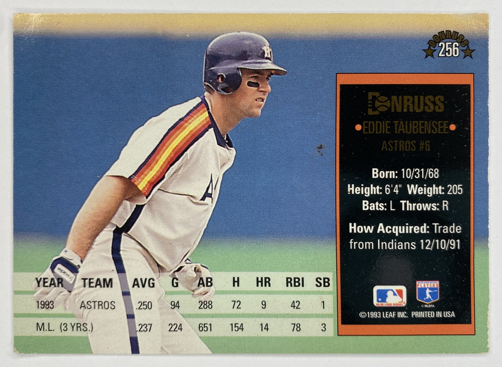 1994 Donruss Eddie Taubensee #256 Houston Astros back