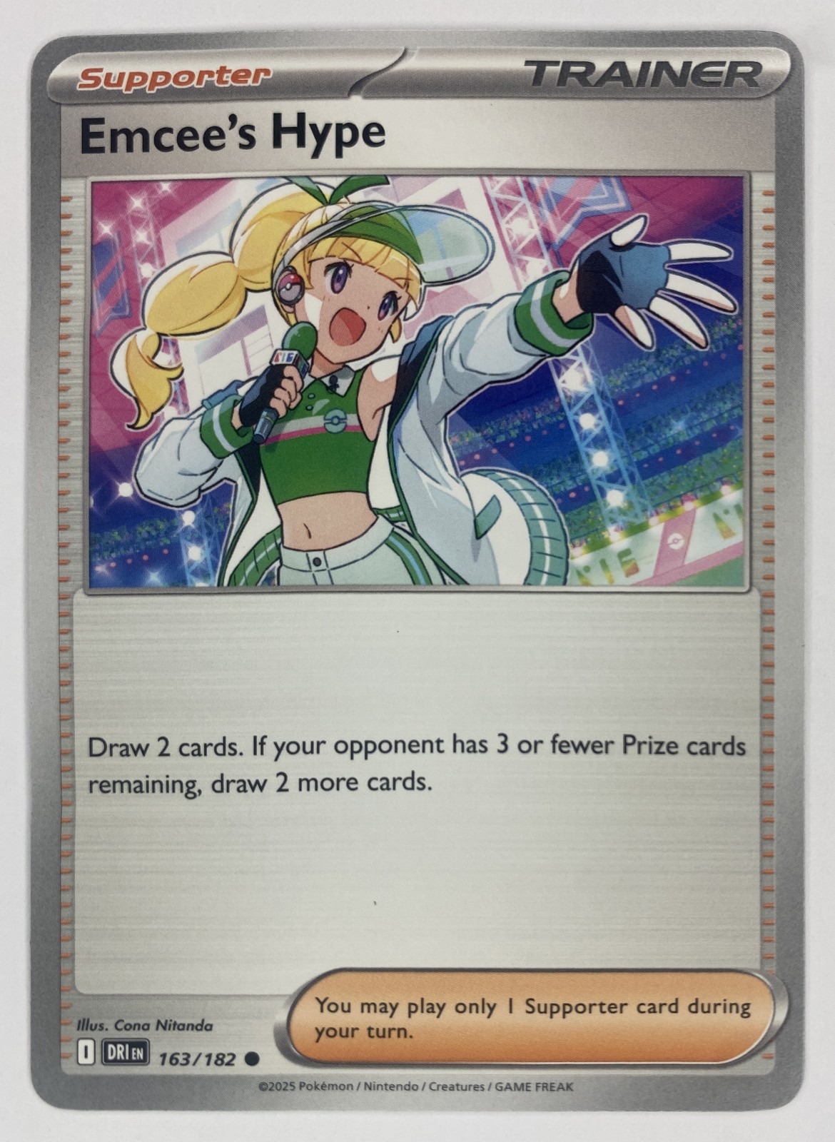 2025 Pokemon Destined Rivals Emcee's Hype #163/182 Common Trainer front