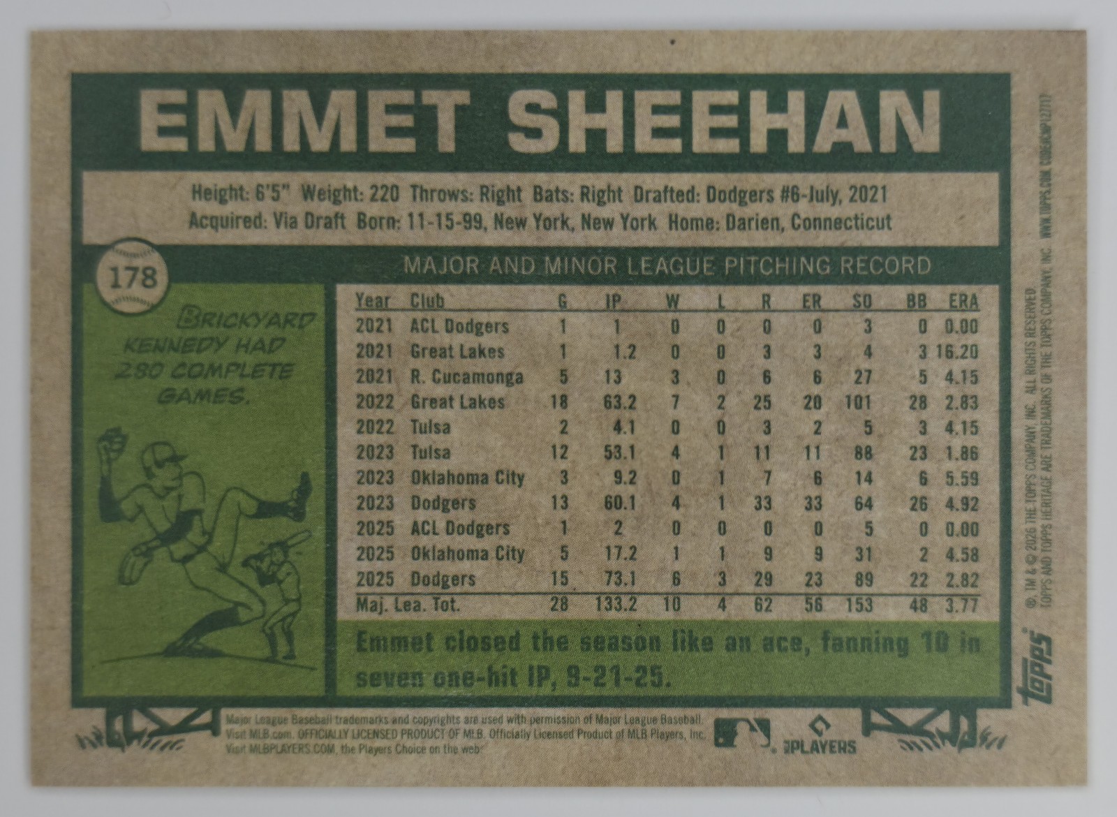 2026 Topps Heritage Emmet Sheehan #178 Los Angeles Dodgers back
