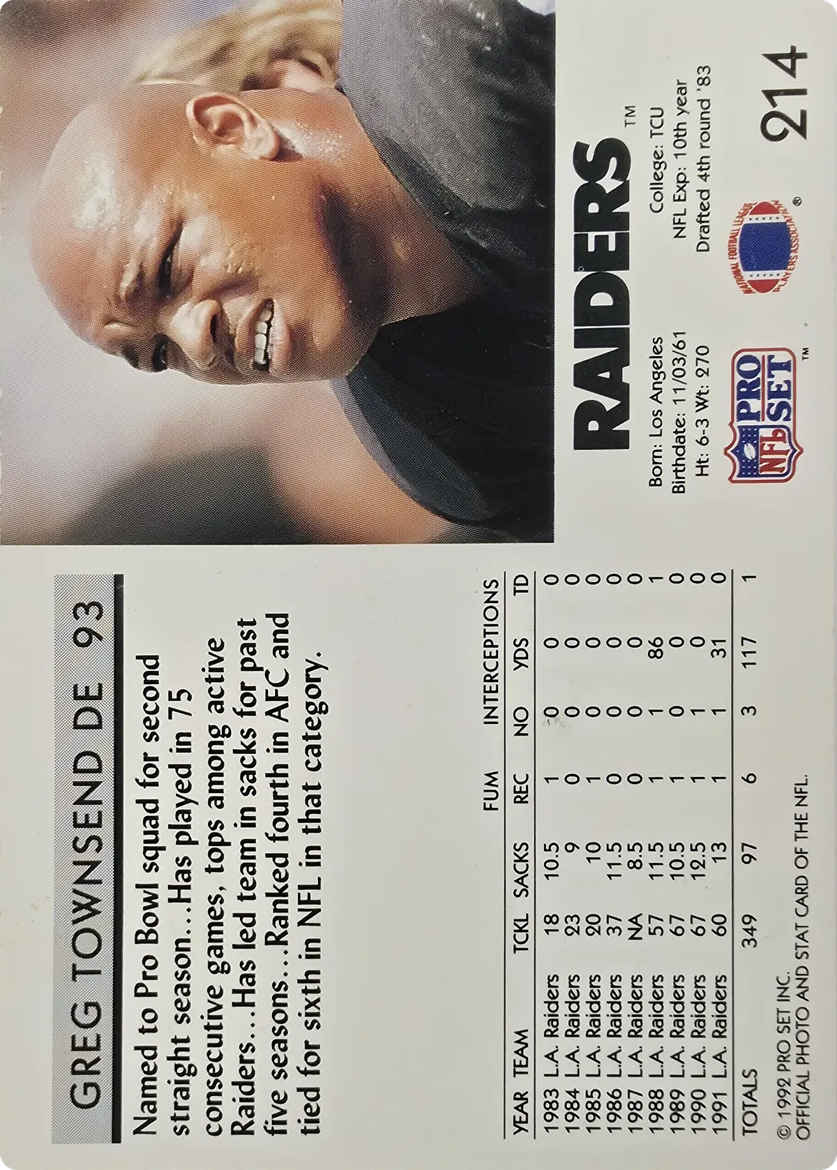 Greg Townsend #214, back