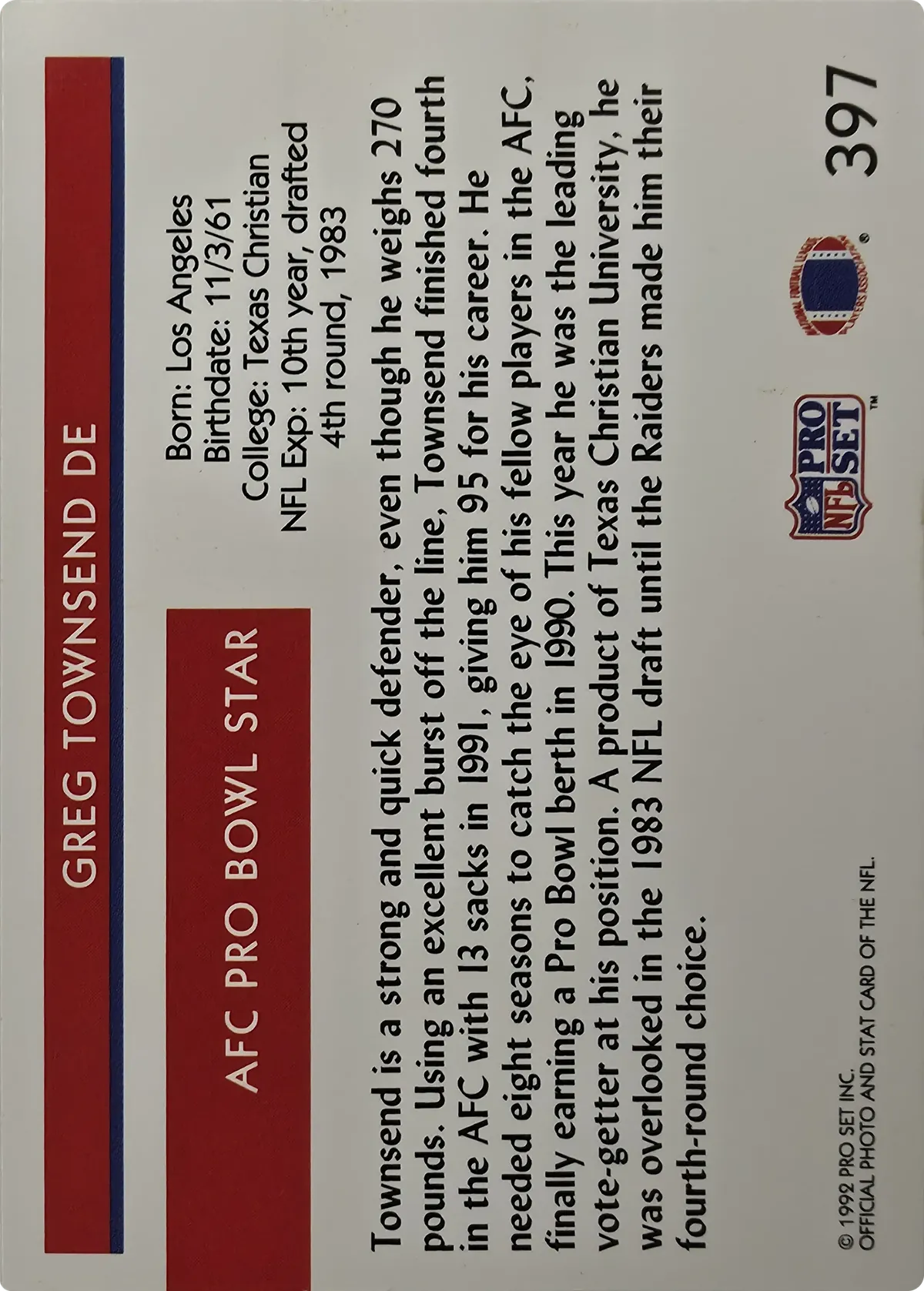Greg Townsend #397, back
