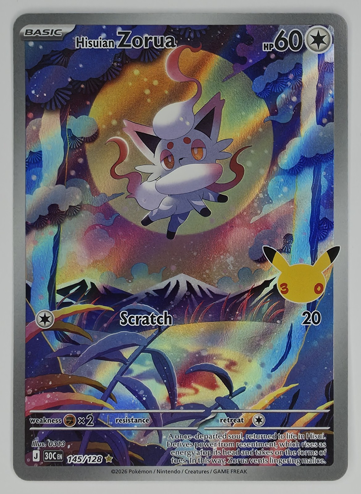2026 Pokemon 30th Celebration Hisuian Zorua #145/128 Illustration Rare Holo front
