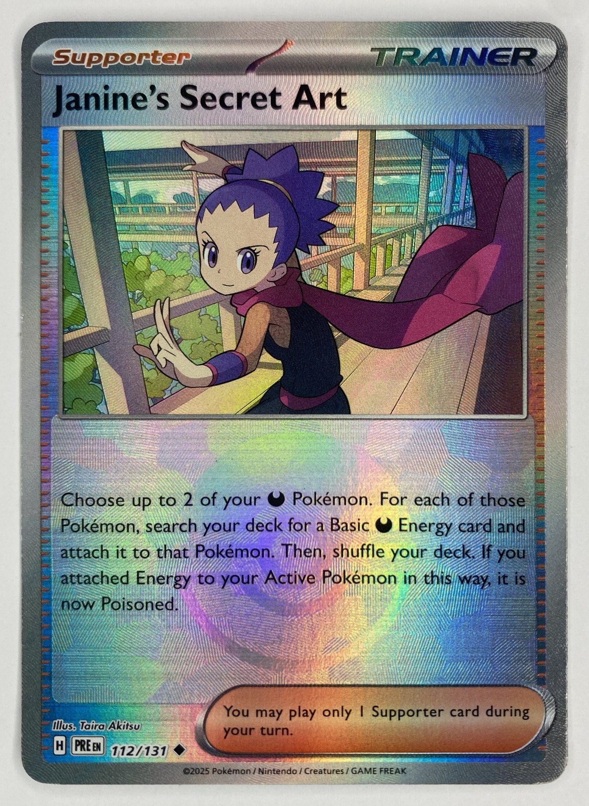2025 Pokemon Prismatic Evolutions Janine's Secret Art #112/131 Reverse Holo Uncommon Trainer front