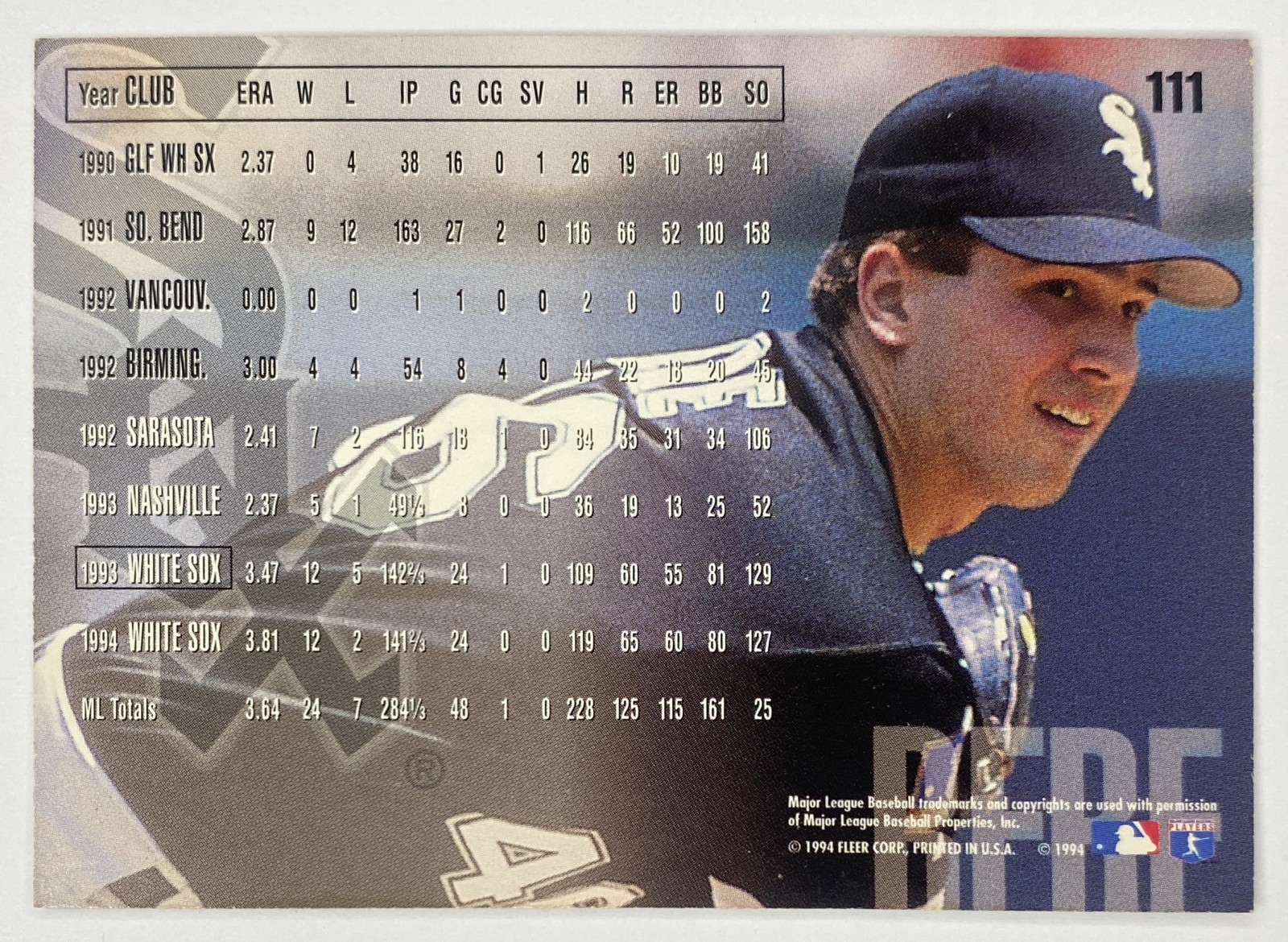 1995 Fleer Jason Bere #111 Chicago White Sox back