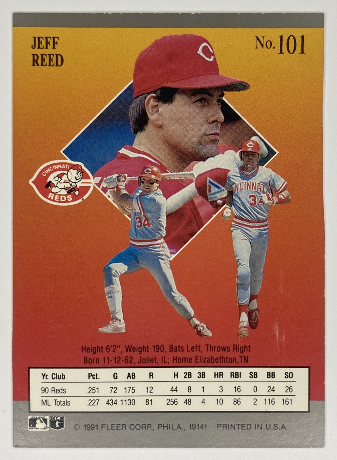 1991 Fleer Ultra Jeff Reed #101 Cincinnati Reds back