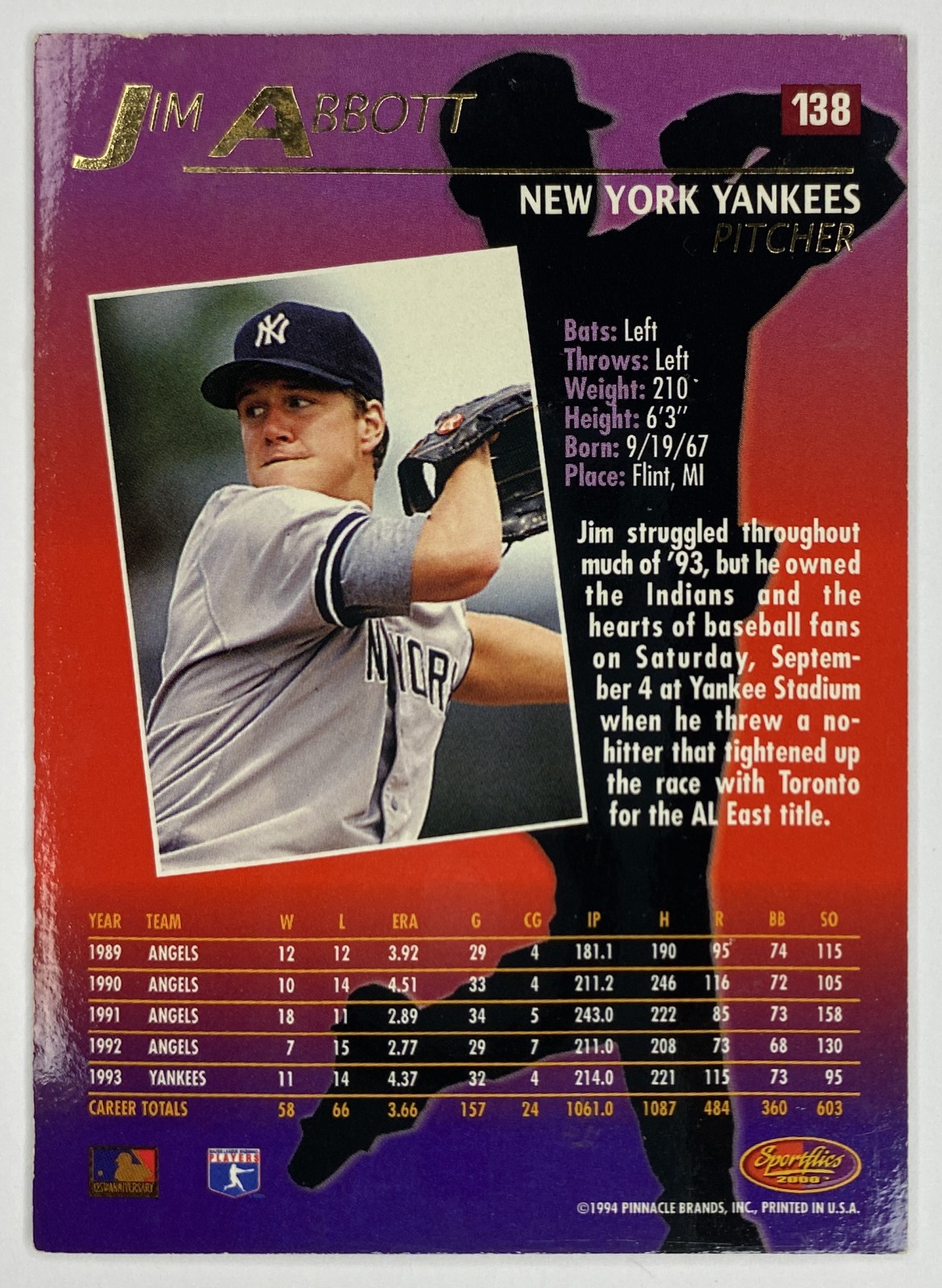 1994 Sportflics 2000 Jim Abbott #138 New York Yankees back