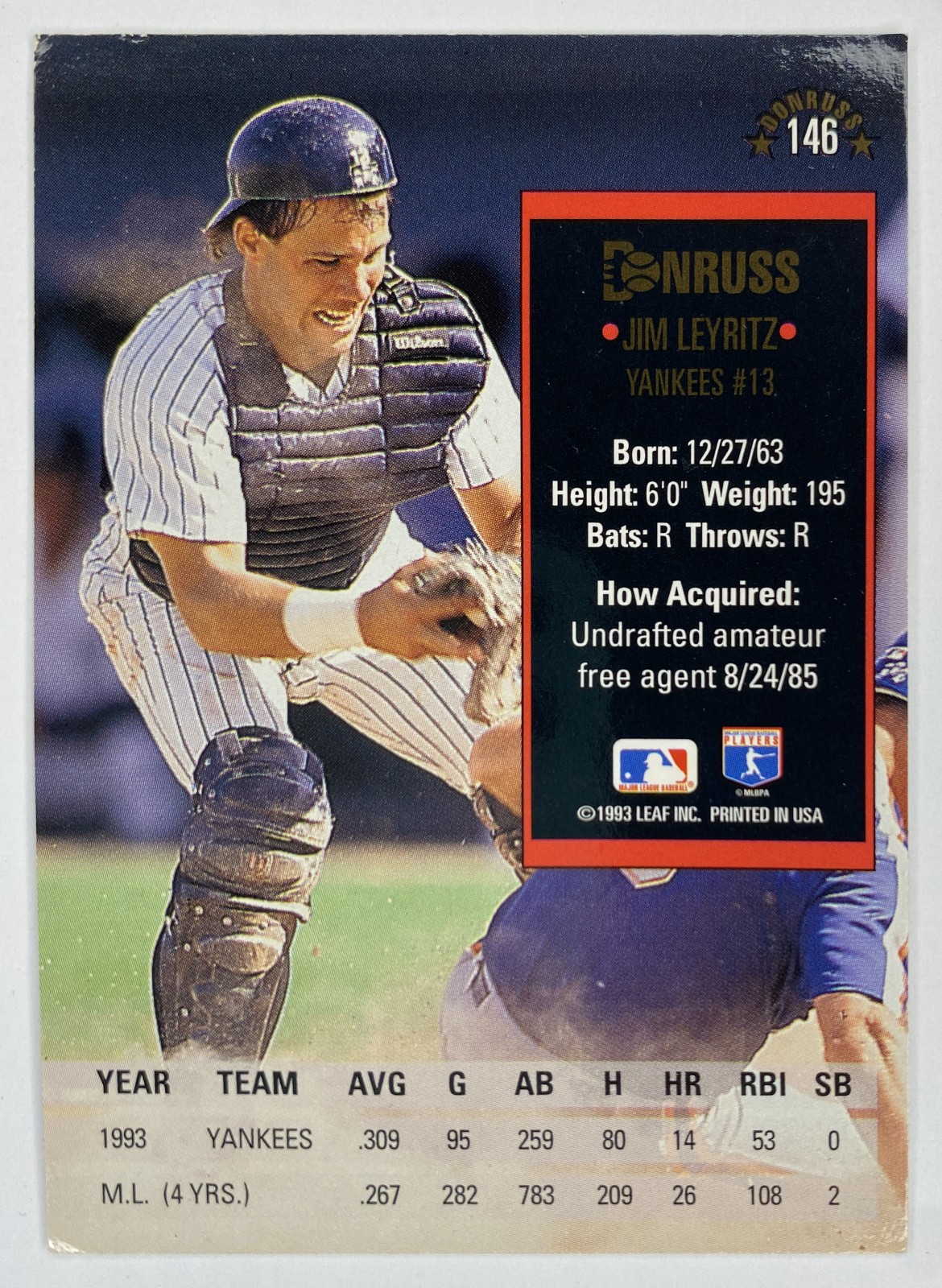 1994 Donruss Jim Leyritz #146 New York Yankees back
