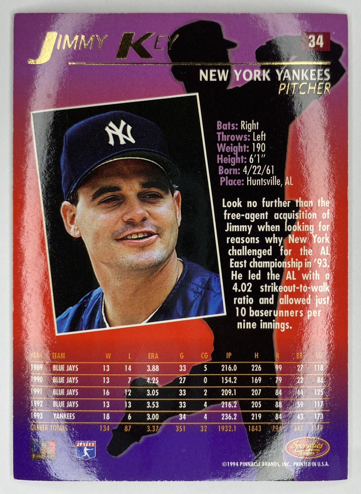 1994 Sportflics 2000 Jimmy Key #34 New York Yankees back