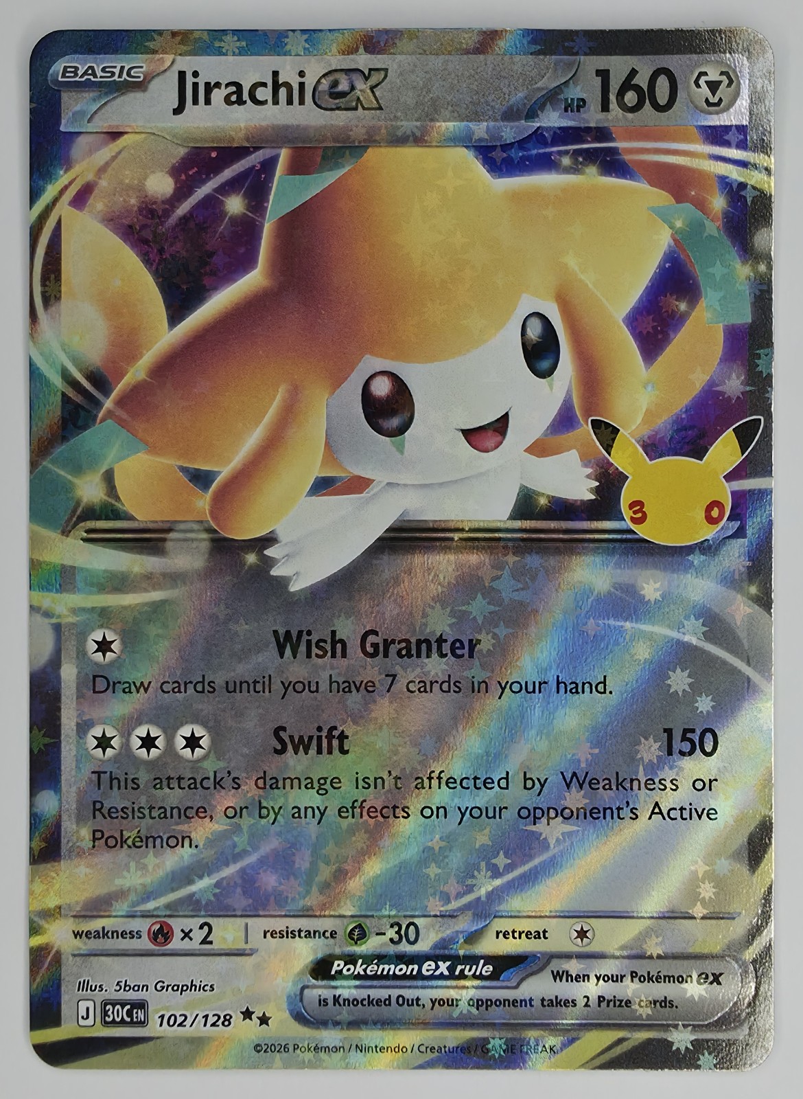 2026 Pokemon 30th Celebration Jirachi ex #102/128 Double Rare Holo front