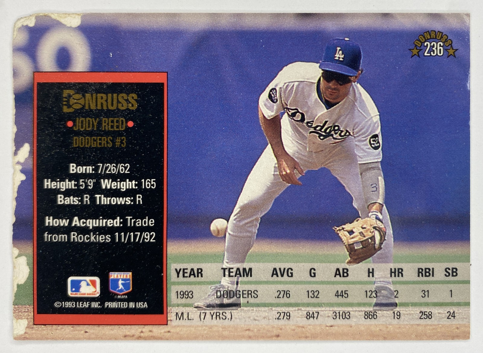 1994 Donruss Jody Reed #236 Los Angeles Dodgers back
