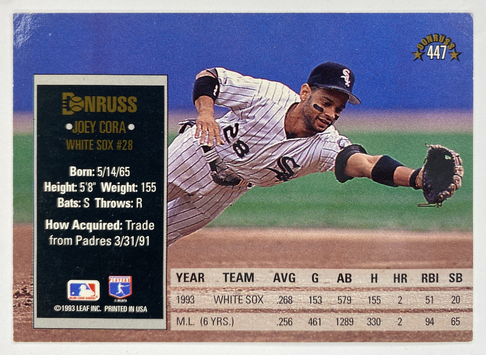 1994 Donruss Joey Cora #447 Chicago White Sox back