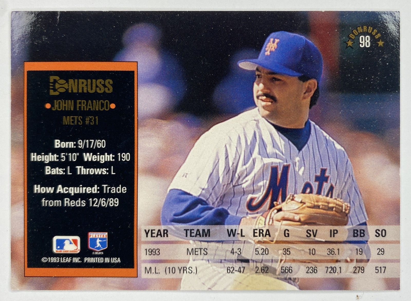 1994 Donruss John Franco #98 New York Mets back