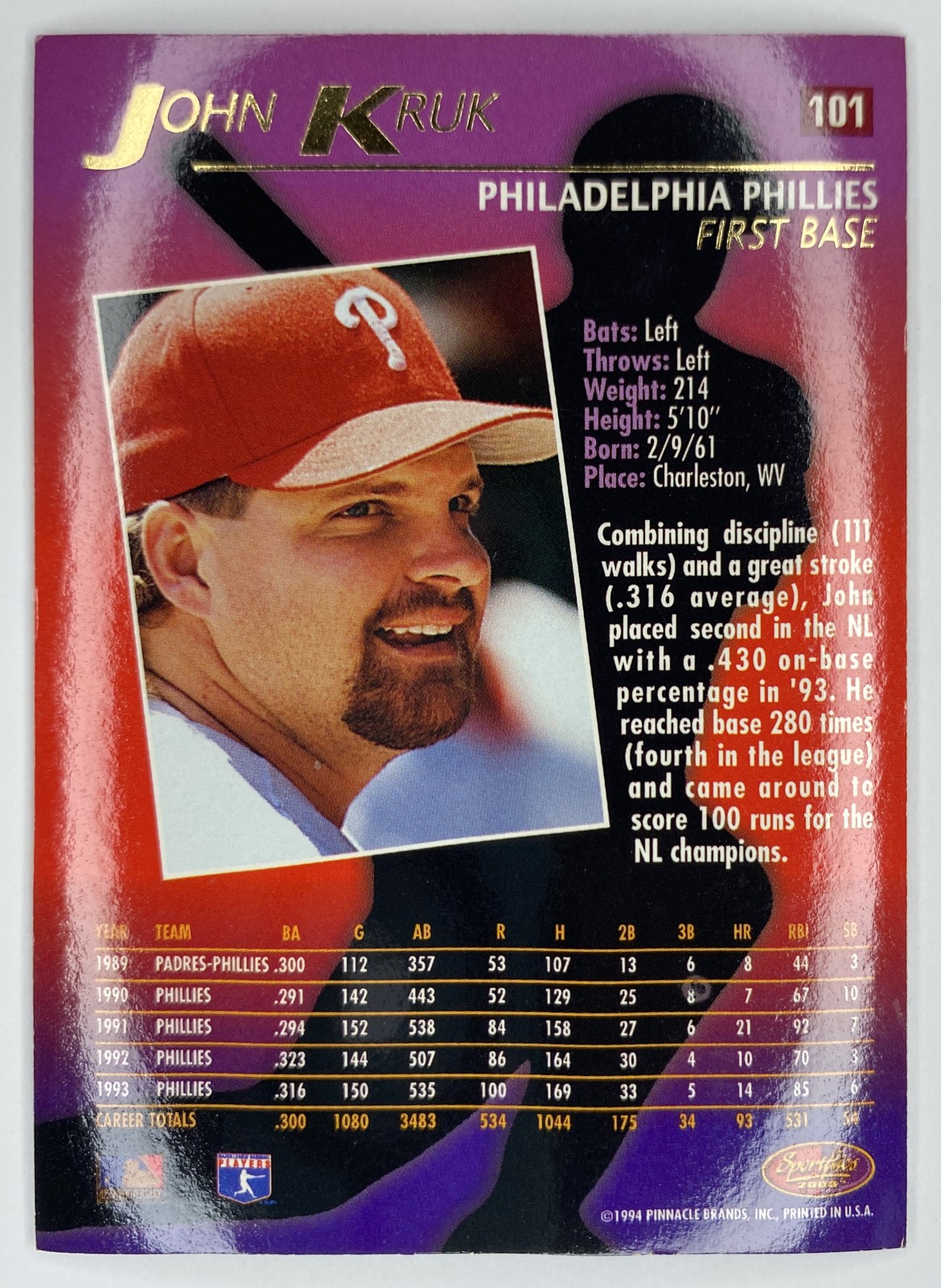 1994 Sportflics 2000 John Kruk #101 Philadelphia Phillies back