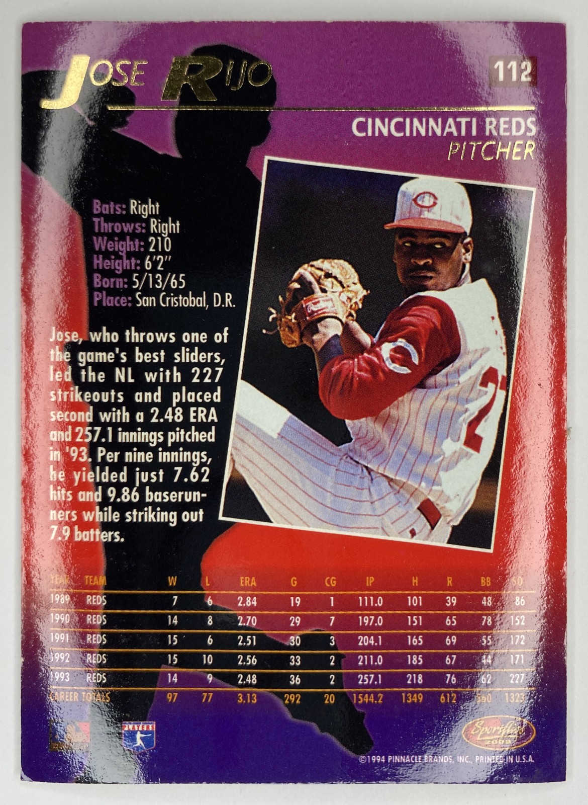 1994 Sportflics 2000 Jose Rijo #112 Cincinnati Reds back