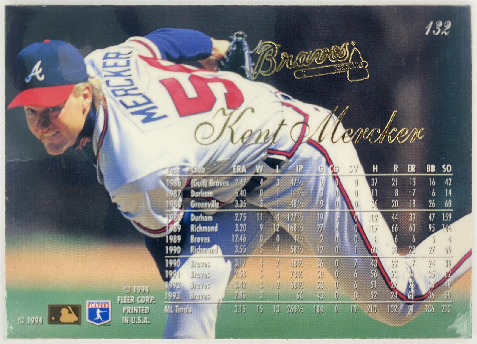 1994 Flair Kent Mercker #132 Atlanta Braves back