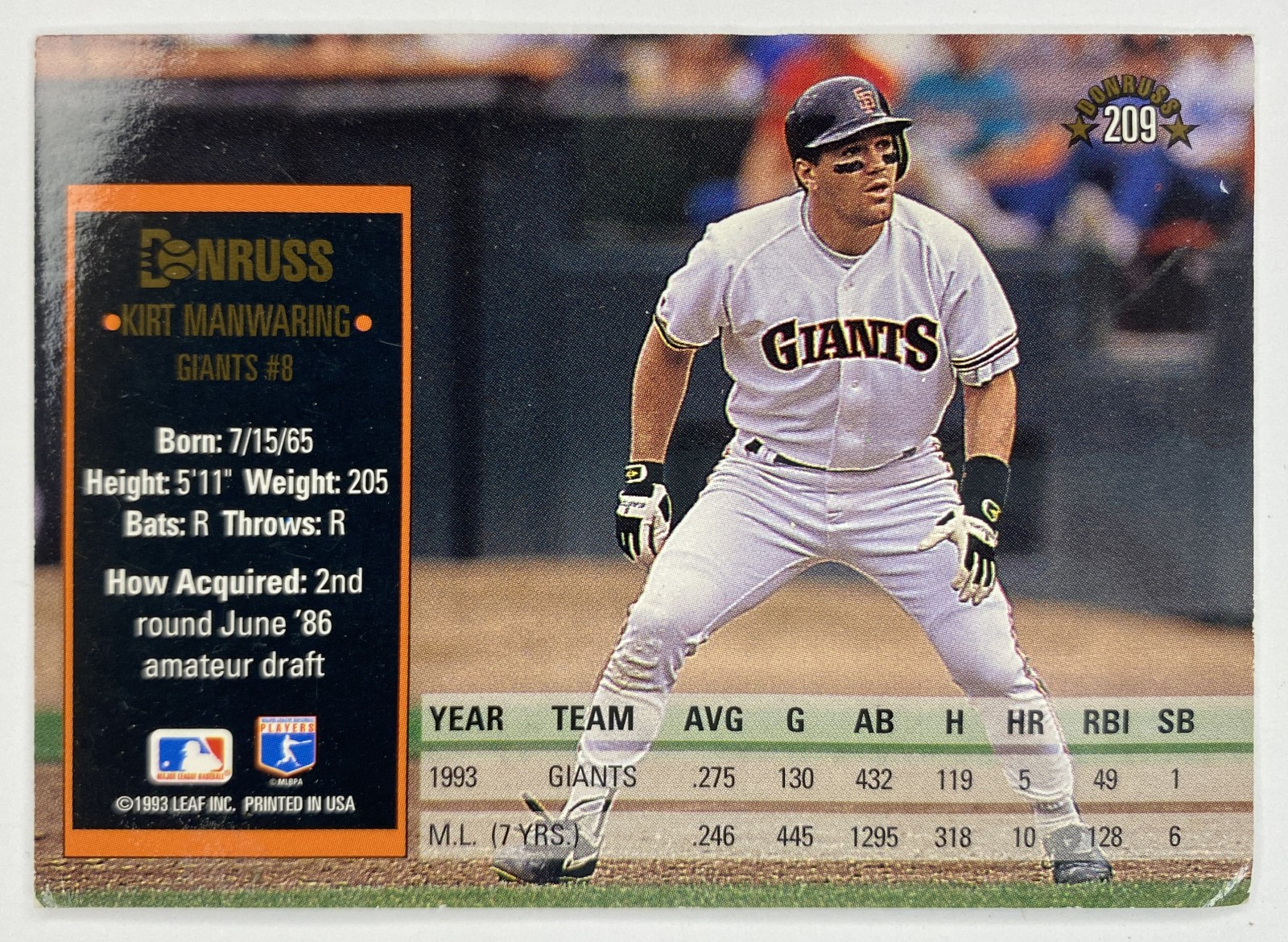 1994 Donruss Kirt Manwaring #209 San Francisco Giants back