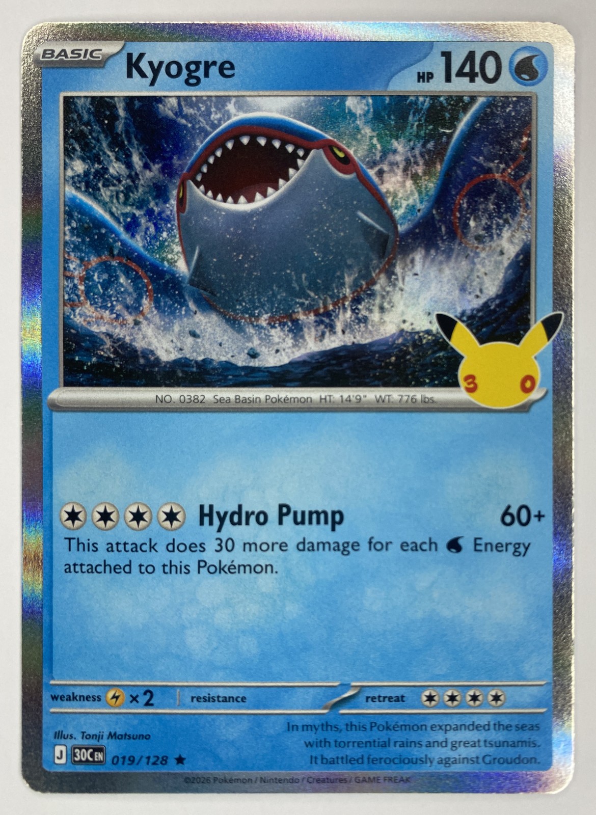 2026 Pokemon 30th Celebration Kyogre #019/128 Holo Rare front