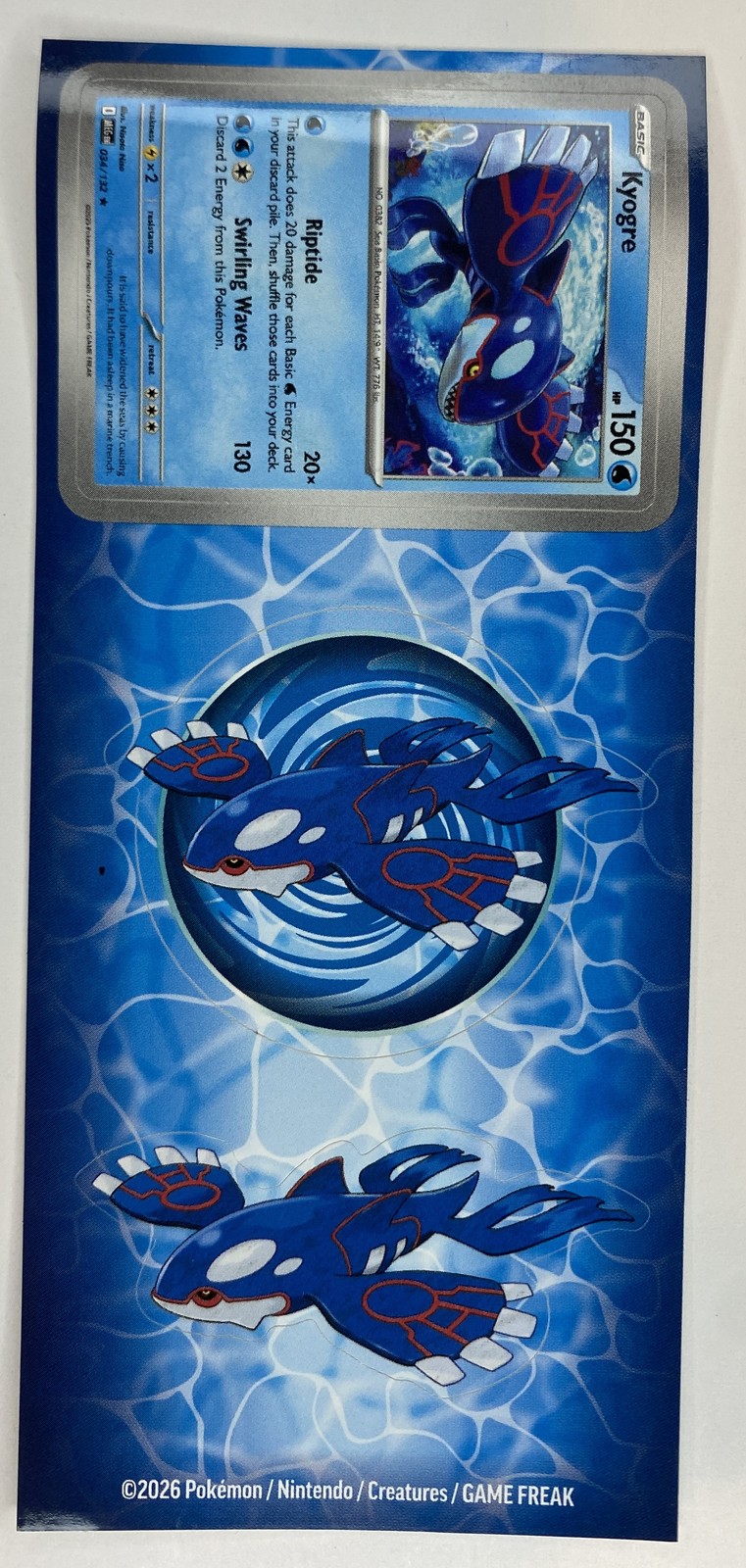 2026 Pokemon Kyogre Sticker Sheet, Mega Evolution #034/132 Card Sticker plus 2 Die-Cut Stickers front